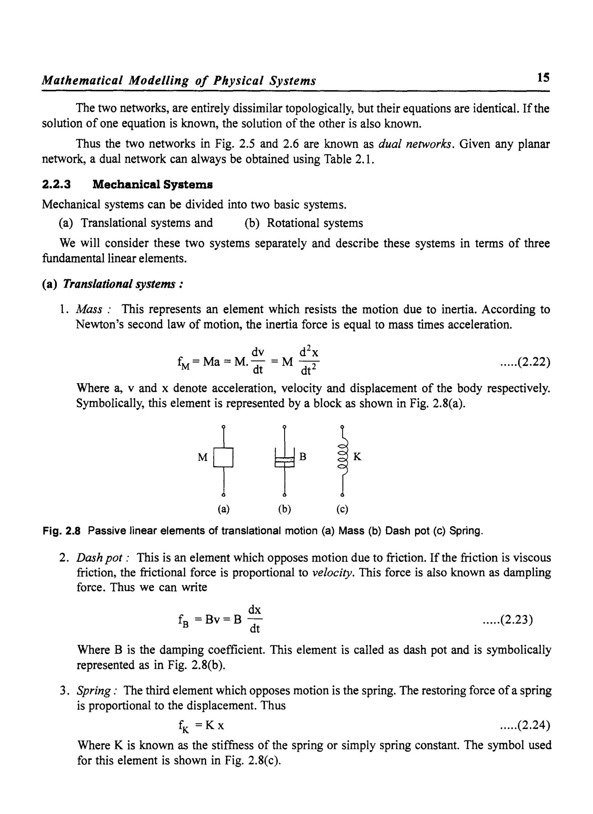 Mathematical Modelling of Physical Systems 15
The two networks, are entirely dissimilar topologically, but their equations are identical. Ifthe
solution of one equation is known, the solution of the other is also known.
Thus the two networks in Fig. 2.5 and 2.6 are known as dual networks. Given any planar
network, a dual network can always be obtained using Table 2.1.
2.2.3 Mechanical Systems
Mechanical systems can be divided into two basic systems.
(a) Translational systems and (b) Rotational systems
We will consider these two systems separately and describe these systems in terms of three
fundamental linear elements.
(a) Translational systems:
1. Mass: This represents an element which resists the motion due to inertia. According to
Newton's second law of motion, the inertia force is equal to mass times acceleration.
dv d2
x
f, =Ma=M.- =M-
M ~ ~2
.....(2.22)
Where a, v and x denote acceleration, velocity and displacement of the body respectively.
Symbolically, this element is represented by a block as shown in Fig. 2.8(a).
(a) (b) (c)
Fig. 2.8 Passive linear elements of translational motion (a) Mass (b) Dash pot (c) Spring.
2. Dash pot: This is an element which opposes motion due to friction. If the friction is viscous
friction, the frictional force is proportional to velocity. This force is also known as dampling
force. Thus we can write
dx
f =Bv=B-
B dt
.....(2.23)
Where B is the damping coefficient. This element is called as dash pot and is symbolically
represented as in Fig. 2.8(b).
3. Spring: The third element which opposes motion is the spring. The restoring force ofa spring
is proportional to the displacement. Thus
fK = K x .....(2.24)
Where K is known as the stiffness of the spring or simply spring constant. The symbol used
for this element is shown in Fig. 2.8(c).
 