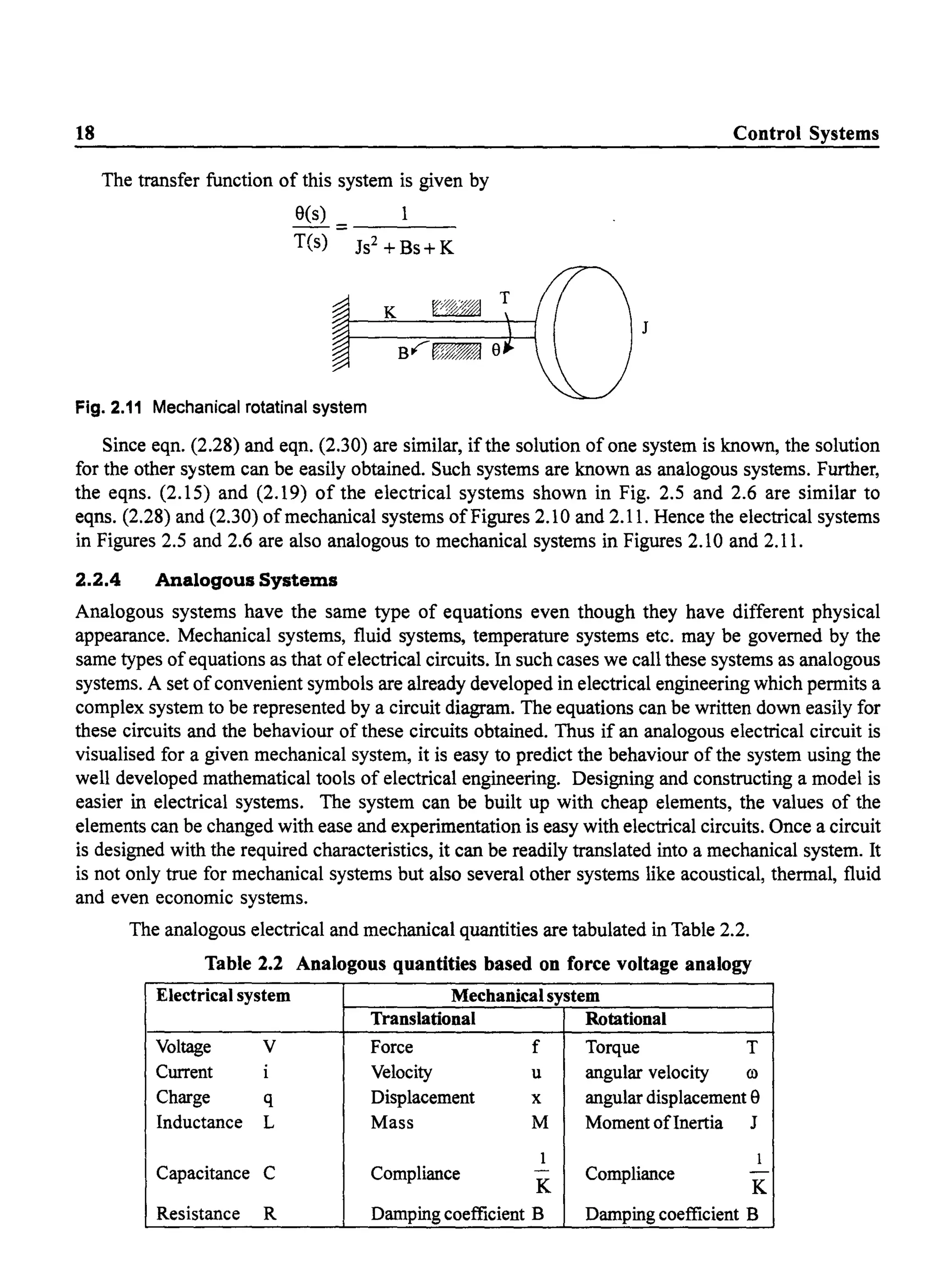 18
The transfer function of this system is given by
9(s)
--=-----
T(s) Js2
+Bs+K
Control Systems
J
Fig. 2.11 Mechanical rotatinal system
Since eqn. (2.28) and eqn. (2.30) are similar, if the solution of one system is known, the solution
for the other system can be easily obtained. Such systems are known as analogous systems. Further,
the eqns. (2.15) and (2.19) of the electrical systems shown in Fig. 2.5 and 2.6 are similar to
eqns. (2.28) and (2.30) of mechanical systems ofFigures 2.10 and 2.11. Hence the electrical systems
in Figures 2.5 and 2.6 are also analogous to mechanical systems in Figures 2.10 and 2.11.
2.2.4 Analogous Systems
Analogous systems have the same type of equations even though they have different physical
appearance. Mechanical systems, fluid systems, temperature systems etc. may be governed by the
same types ofequations as that ofelectrical circuits. In such cases we call these systems as analogous
systems. A set ofconvenient symbols are already developed in electrical engineering which permits a
complex system to be represented by a circuit diagram. The equations can be written down easily for
these circuits and the behaviour of these circuits obtained. Thus if an analogous electrical circuit is
visualised for a given mechanical system, it is easy to predict the behaviour of the system using the
well developed mathematical tools of electrical engineering. Designing and constructing a model is
easier in electrical systems. The system can be built up with cheap elements, the values of the
elements can be changed with ease and experimentation is easy with electrical circuits. Once a circuit
is designed with the required characteristics, it can be readily translated into a mechanical system. It
is not only true for mechanical systems but also several other systems like acoustical, thermal, fluid
and even economic systems.
The analogous electrical and mechanical quantities are tabulated in Table 2.2.
Table 2.2 Analogous quantities based on force voltage analogy
Electrical system Mechanical system
Translational Rotational
Voltage V Force f Torque T
Current i Velocity u angular velocity (j)
Charge q Displacement x angular displacement 9
Inductance L Mass M Moment ofInertia J
1 1
Capacitance C Compliance - Compliance -
K K
Resistance R Damping coefficient B Damping coefficient B
 