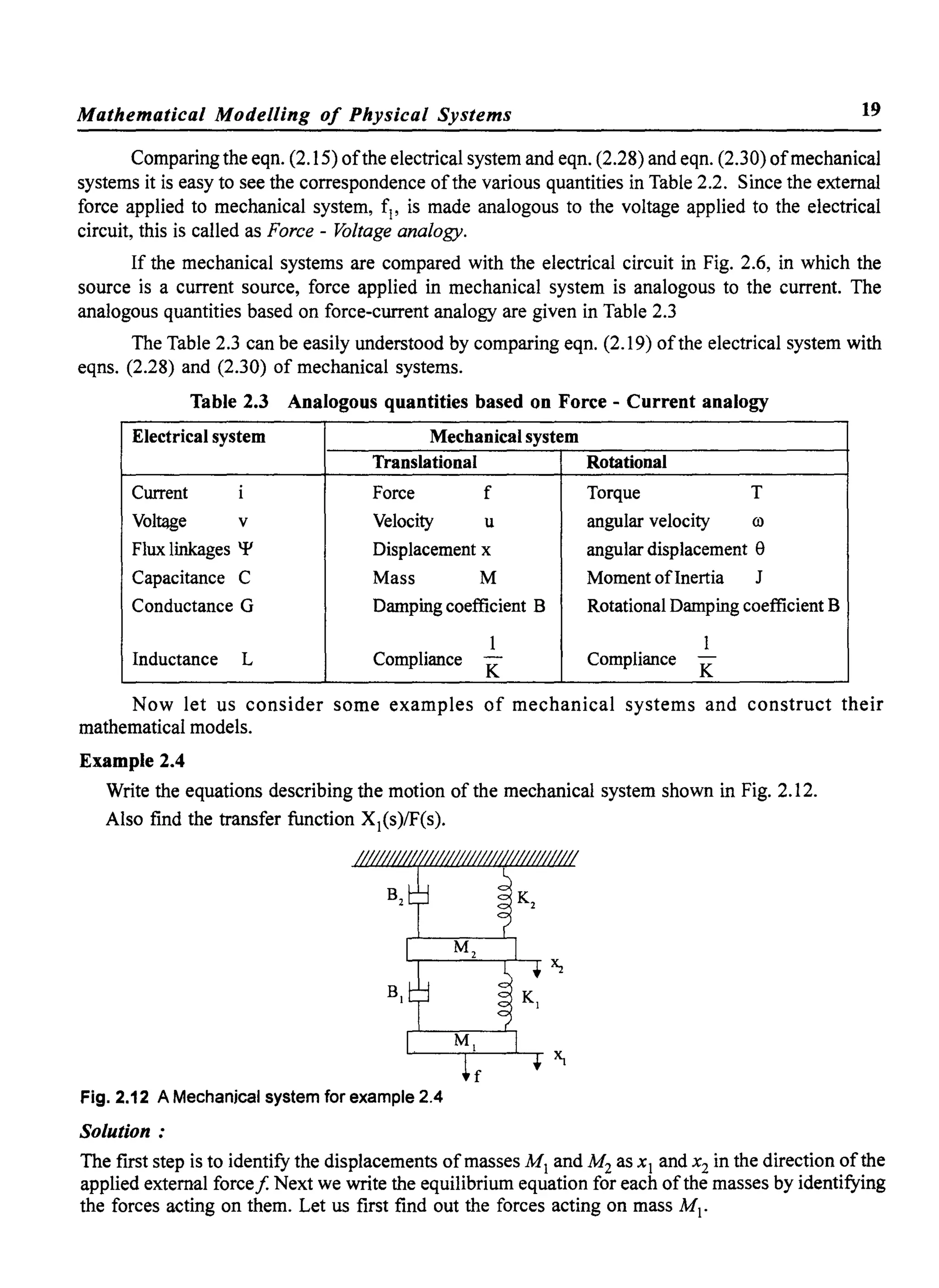 Mathematical Modelling of Physical Systems 19
Comparing the eqn. (2.15) ofthe electrical system and eqn. (2.28) and eqn. (2.30) ofmechanical
systems it is easy to see the correspondence ofthe various quantities in Table 2.2. Since the external
force applied to mechanical system, fl' is made analogous to the voltage applied to the electrical
circuit, this is called as Force - Voltage analogy.
If the mechanical systems are compared with the electrical circuit in Fig. 2.6, in which the
source is a current source, force applied in mechanical system is analogous to the current. The
analogous quantities based on force-current analogy are given in Table 2.3
The Table 2.3 can be easily understood by comparing eqn. (2.19) ofthe electrical system with
eqns. (2.28) and (2.30) of mechanical systems.
Table 2.3 Analogous quantities based on Force - Current analogy
Electrical system Mechanical system
Translational Rotational
Current i Force f Torque T
Voltage v Velocity u angular velocity (0
Flux linkages 'I' Displacement x angular displacement e
Capacitance C Mass M Moment ofInertia J
Conductance G Damping coefficient B Rotational Damping coefficient B
I 1
Inductance L Compliance - Compliance -
K K
Now let us consider some examples of mechanical systems and construct their
mathematical models.
Example 2.4
Write the equations describing the motion of the mechanical system shown in Fig. 2.12.
Also find the transfer function Xj(s)lF(s).
Fig. 2.12 A Mechanical system for example 2.4
Solution:
The first step is to identify the displacements of masses Mj and M2 as Xj and x2in the direction ofthe
applied external force! Next we write the equilibrium equation for each ofthe masses by identifying
the forces acting on them. Let us first find out the forces acting on mass M j •
 