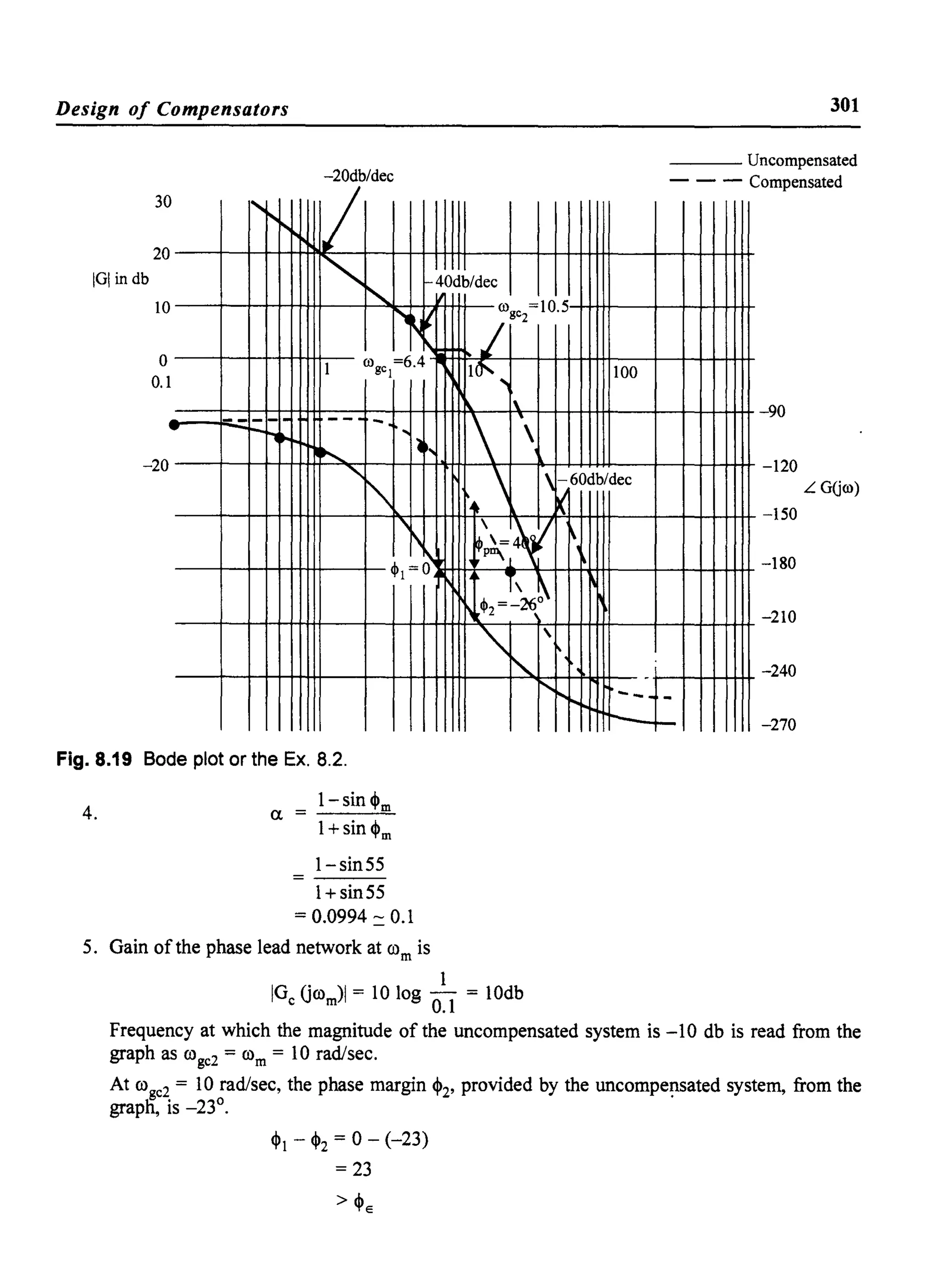 Design of Compensators
30
20
IGI in db
......r--.
r--.
-20db/dec
I
I"" 40db/dec
i'.. rogc =10.5
r.~~ / 2
10
o
O. 1
..
-20
--r-
1
-I- --h~
~
"
1
rogcj=6.4
-, ~, ,, ~
1
"-
~
<h=6'
Fig. 8.19 Bode plot or the Ex. 8.2.
4. a.
= I-sin~m
1- sin55
1+ sin55
= 0.0994 :: 0.1
5. Gain of the phase lead network at rom is
1!J'. ..,
1
 
 1
~=~~1"'1
T, ,~
~2=-26°
"

~
r--
IGc Grom)1 = 10 log _1 = 10db
0.1
100
-60db/dec
~
I'
I"-t'- --to-
-
301
___ Uncompensated
- - - Compensated
-90
-120
LGUro)
-150
-180
-210
-240
-
r- -270
Frequency at which the magnitude of the uncompensated system is -10 db is read from the
graph as rogc2 = rom = 10 rad/sec.
At rogc2 = 10 rad/sec, the phase margin ~2' provided by the uncompe!lSated system, from the
grapfi, is -23°.
~l - ~2 = 0 - (-23)
= 23
> ~E
 