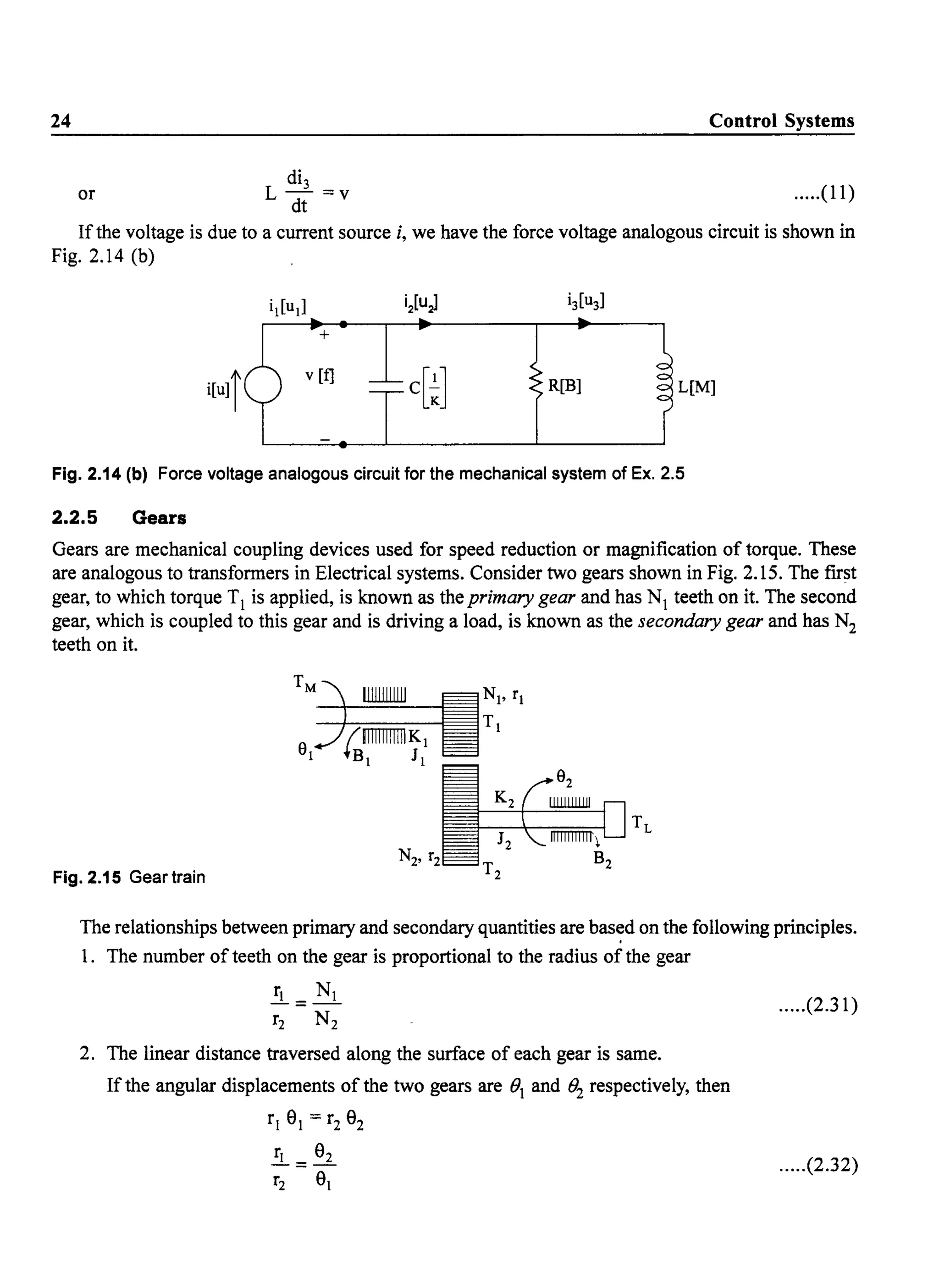 24 Control Systems
or
di3
L-=v
dt
.....(11)
If the voltage is due to a current source i, we have the force voltage analogous circuit is shown in
Fig. 2.14 (b)
+
v[f]
R[B] L[M]
Fig. 2.14 (b) Force voltage analogous circuit for the mechanical system of Ex. 2.5
2.2.5 Gears
Gears are mechanical coupling devices used for speed reduction or magnification of torque. These
are analogous to transformers in Electrical systems. Consider two gears shown in Fig. 2.15. The first
gear, to which torque T1 is applied, is known as the primary gear and has N1 teeth on it. The second
gear, which is coupled to this gear and is driving a load, is known as the secondary gear and has N2
teeth on it.
Fig. 2.15 Geartrain
The relationships between primary and secondary quantities are bas~d on the following principles.
1. The number of teeth on the gear is proportional to the radius of the gear
r N
-=-
2. The linear distance traversed along the surface of each gear is same.
If the angular displacements of the two gears are ()1 and 82 respectively, then
r1 91 =r2 92
!.L=~
r2 9
.....(2.31)
.....(2.32)
 
