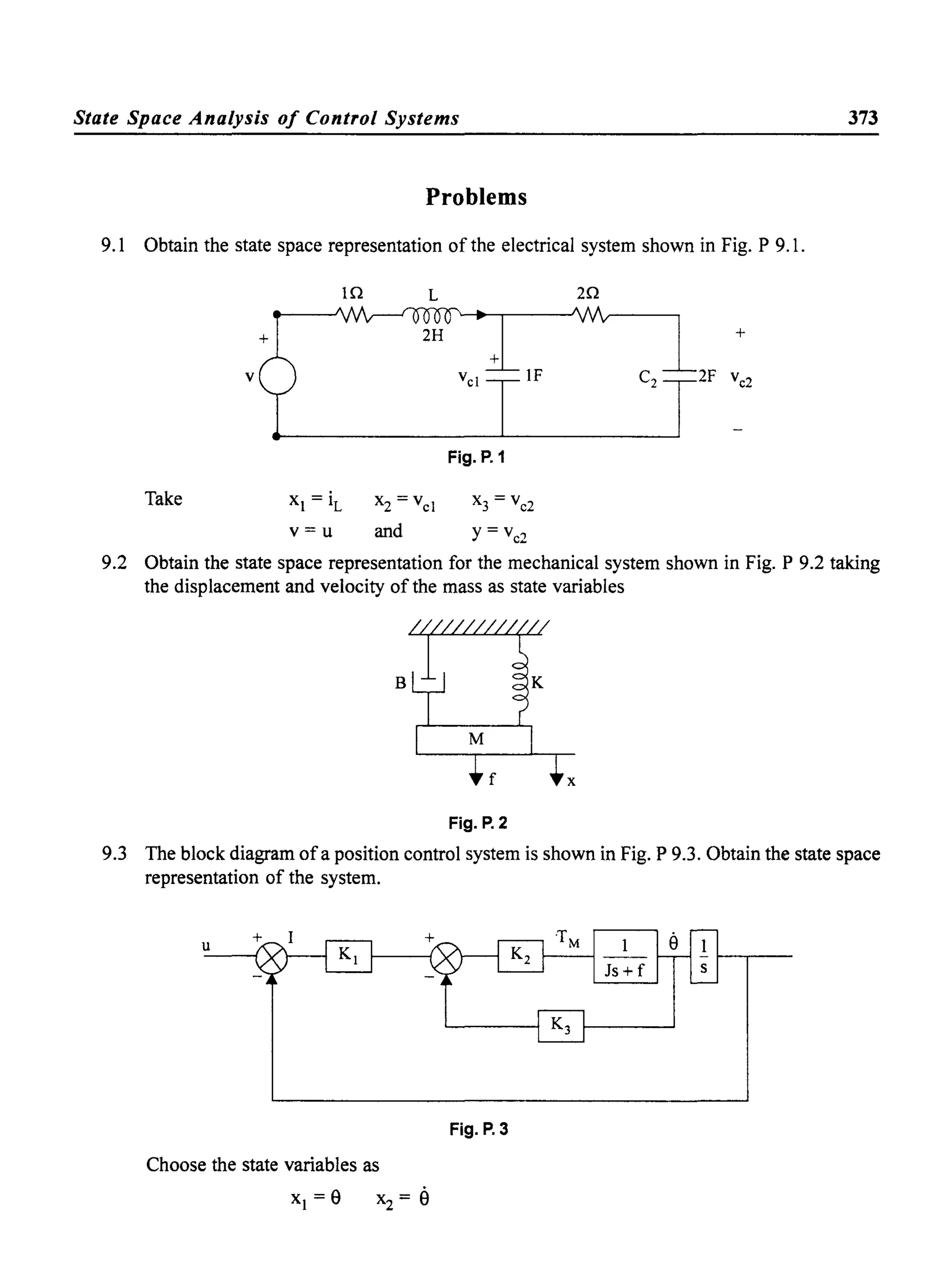 State Space Analysis of Control Systems 373
Problems
9.1 Obtain the state space representation of the electrical system shown in Fig. P 9.1.
2n
+
+
v IF
Fig. P.1
Take
v=u and
9.2 Obtain the state space representation for the mechanical system shown in Fig. P 9.2 taking
the displacement and velocity of the mass as state variables
B
x
Fig. P.2
9.3 The block diagram ofa position control system is shown in Fig. P 9.3. Obtain the state space
representation of the system.
Fig. P.3
Choose the state variables as
 