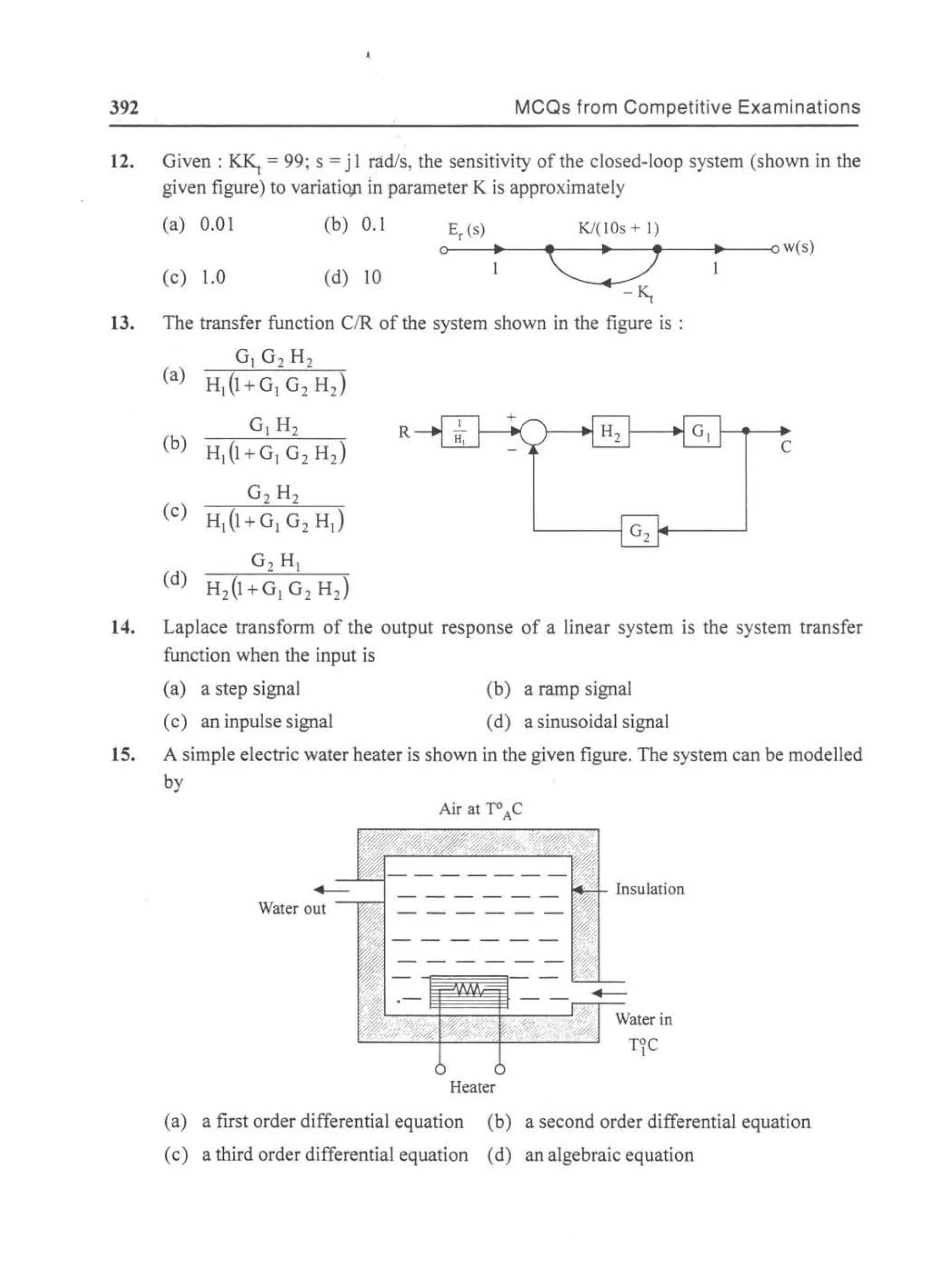 392 MCQs from Competitive Examinations
12. Given : ~ = 99; s =j 1 rad/s, the sensitivity of the closed-loop system (shown in the
given figure) to variatiQ11 in parameter K is approximately
(a) 0.01 (b) 0.1 Er (s) KI(lOs + 1)
0
•
q • ow(s)
(c) 1.0 (d) 10 1 1
13. The transfer function CIR of the system shown in the figure is :
(a)
GI G2 H2
HI(I+GI G2 H2)
GI H2 R
(b)
HI(I+GI G2 HJ C
(c)
G2 H2
HI(I+GI G2 HJ G2
(d)
G2 HI
H2(I+GI G2 H2)
14. Laplace transform of the output response of a linear system is the system transfer
function when the input is
(a) a step signal (b) a ramp signal
(c) an inpulse signal (d) a sinusoidal signal
15. A simple electric water heater is shown in the given figure. The system can be modelled
by
Air at TOAC
Insulation
Water out
Heater
(a) a first order differential equation (b) a second order differential equation
(c) a third order differential equation (d) an algebraic equation
 