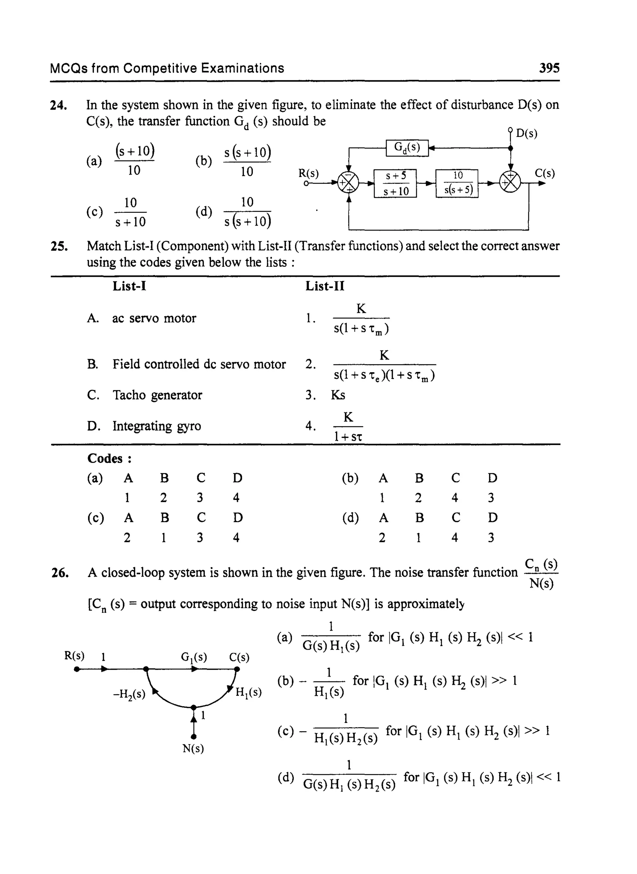MCQs from Competitive Examinations 395
24. In the system shown in the given figure, to eliminate the effect of disturbance D(s) on
C(s), the transfer function Gd (s) should be
(s +10)
(a) 10
10
(c)
s + 10
(b) s(s + 10)
10
10
(d) s(s+10)
25. Match List-I (Component) with List-II (Transfer functions) and select the correct answer
using the codes given below the lists :
26.
R(s)
•
List-J List-II
A. ac servo motor 1.
K
s(l + s 'tm)
B. Field controlled dc servo motor 2.
K
s(1 + s 'te)(l +s 'tm)
C. Tacho generator 3. Ks
K
1+ S't
D. Integrating gyro 4.
Codes:
(a) A B C D (b) A B C D
1 2 3 4 1 2 4 3
(c) A B C D (d) A B C D
2 3 4 2 4 3
A closed-loop system is shown in the given figure. The noise transfer function Cn (s)
N(s)
[Cn (s) = output corresponding to noise input N(s)] is approximately
1
(a) G(s)HJ(s) for IGI (s) HI (s) H2 (s)I« 1
1
(b) - - - for IGI (s) HI (s) ~ (s)1 » 1
HJ(s)
(c) - HJ(s)H2(S) for IGI (s) HI (s) H2 (s)I» 1
1
(d) G(s)HJ (S)H2(S) for IGI (s) HI (s) H2 (s)I« 1
 