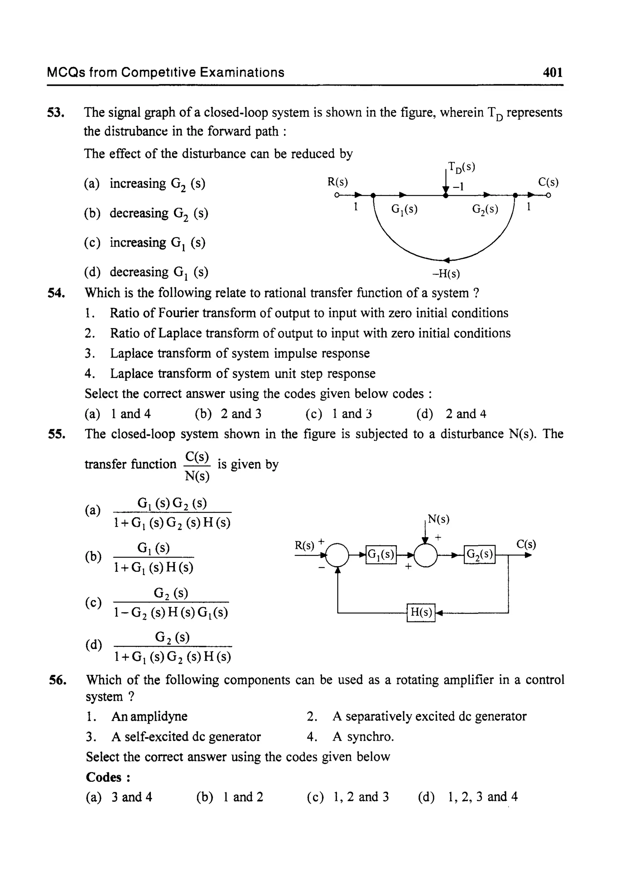 MCQs from Competitive Examinations 401
53. The signal graph ofa closed-loop system is shown in the figure, wherein TD represents
the distrubanct: in the forward path :
The effect of the disturbance can be reduced by
(a) increasing G2 (s)
(b) decreasing G2 (s)
(c) increasing G1 (s)
(d) decreasing G1 (s)
R(s)
-H(s)
54. Which is the following relate to rational transfer function of a system?
1. Ratio of Fourier transform of output to input with zero initial conditions
2. Ratio of Laplace transform ofoutput to input with zero initial conditions
3. Laplace transform of system impulse response
4. Laplace transform of system unit step response
Select the correct answer using the codes given below codes:
(a) 1and4 (b) 2and3 (c) 1and3 (d) 2and4
C(s)
55. The closed-loop system shown in the figure is subjected to a disturbance N(s). The
transfer function C(s) is given by
N(s)
(a)
GJ(s)G2 (s)
l+GJ(s)G2 (s)H(s)
(b)
GJ(s)
l+GJ(s)H(s)
(c)
G2 (s)
1-G2 (s)H(s)GJ(s) H(s)
(d)
G2 (s)
l+GJ(s)G2 (s)H(s)
56. Which of the following components can be used as a rotating amplifier in a control
system?
1. An amplidyne 2. A separatively excited dc generator
3. A self-excited dc generator 4. A synchro.
Select the correct answer using the codes given below
Codes:
(a) 3 and 4 (b) 1 and 2 (c) 1,2and3 (d) 1,2,3and4
 