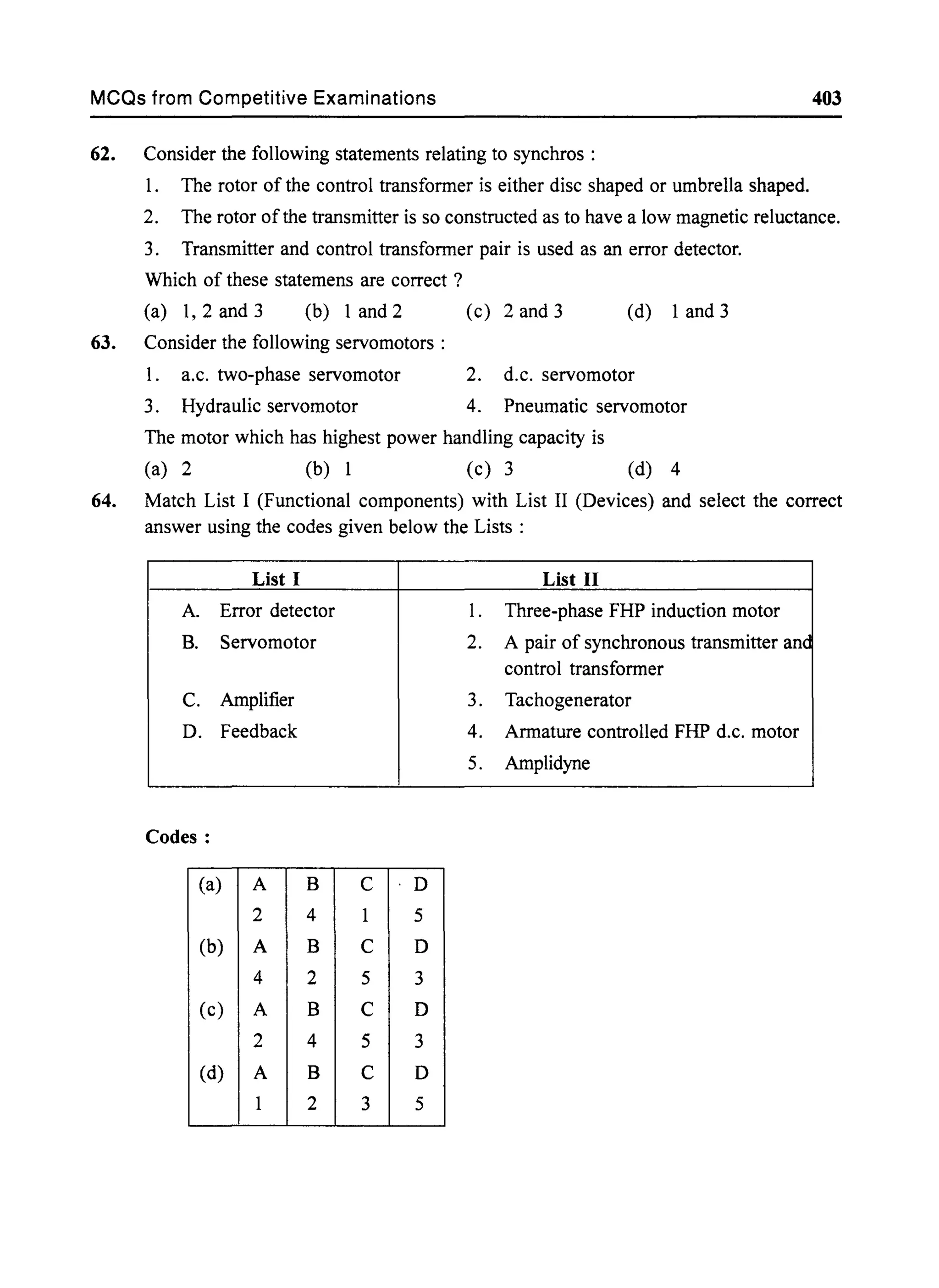MCQs from Competitive Examinations 403
62. Consider the following statements relating to synchros :
1. The rotor of the control transformer is either disc shaped or umbrella shaped.
2. The rotor of the transmitter is so constructed as to have a low magnetic reluctance.
3. Transmitter and control transformer pair is used as an error detector.
Which of these statemens are correct ?
(a) 1,2 and 3 (b) 1 and 2 (c) 2 and 3 (d) 1 and 3
63. Consider the following servomotors:
1. a.c. two-phase servomotor 2. d.c. servomotor
3. Hydraulic servomotor 4. Pneumatic servomotor
The motor which has highest power handling capacity is
(a) 2 (b) 1 (c) 3 (d) 4
64. Match List I (Functional components) with List II (Devices) and select the correct
answer using the codes given below the Lists :
List I List II
A. Error detector 1. Three-phase FHP induction motor
B. Servomotor 2. A pair of synchronous transmitter and
control transformer
C. Amplifier 3. Tachogenerator
D. Feedback 4. Armature controlled FHP d.c. motor
5. AmpJidyne
Codes:
(a) A B C D
2 4 1 5
(b) A B C D
4 2 5 3
(c) A B C D
2 4 5 3
(d) A B C D
1 2 3 5
 