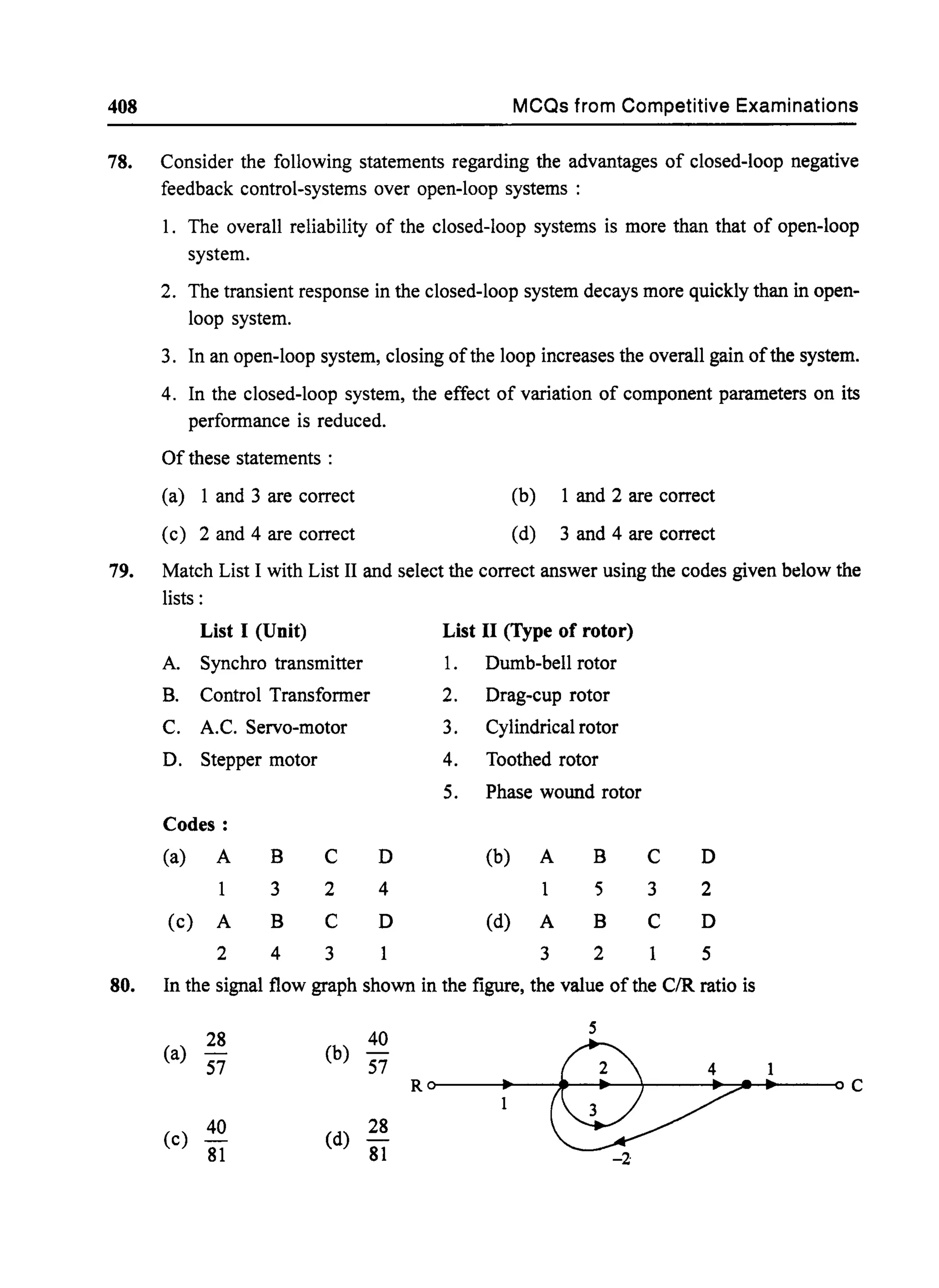 408 MCQs from Competitive Examinations
78. Consider the following statements regarding the advantages of closed-loop negative
feedback control-systems over open-loop systems :
1. The overall reliability of the closed-loop systems is more than that of open-loop
system.
2. The transient response in the closed-loop system decays more quickly than in open-
loop system.
3. In an open-loop system, closing ofthe loop increases the overall gain ofthe system.
4. In the closed-loop system, the effect of variation of component parameters on its
performance is reduced.
Of these statements :
(a) 1 and 3 are correct
(c) 2 and 4 are correct
(b) 1 and 2 are correct
(d) 3 and 4 are correct
79. Match List I with List II and select the correct answer using the codes given below the
lists:
List I (Unit) List II (Type of rotor)
A. Synchro transmitter 1. Dumb-bell rotor
B. Control Transformer 2. Drag-cup rotor
C. A.C. Servo-motor 3. Cylindrical rotor
D. Stepper motor 4. Toothed rotor
5. Phase wound rotor
Codes:
(a) A B C D (b) A B C D
1 3 2 4 1 5 3 2
(c) A B C D (d) A B C D
2 4 3 3 2 1 5
80. In the signal flow graph shown in the figure, the value of the CIR ratio is
28 40
5
(a) (b) -
W
57 57 1
Ro • • oC
1
(c)
40
(d)
28
81 81 -2
 