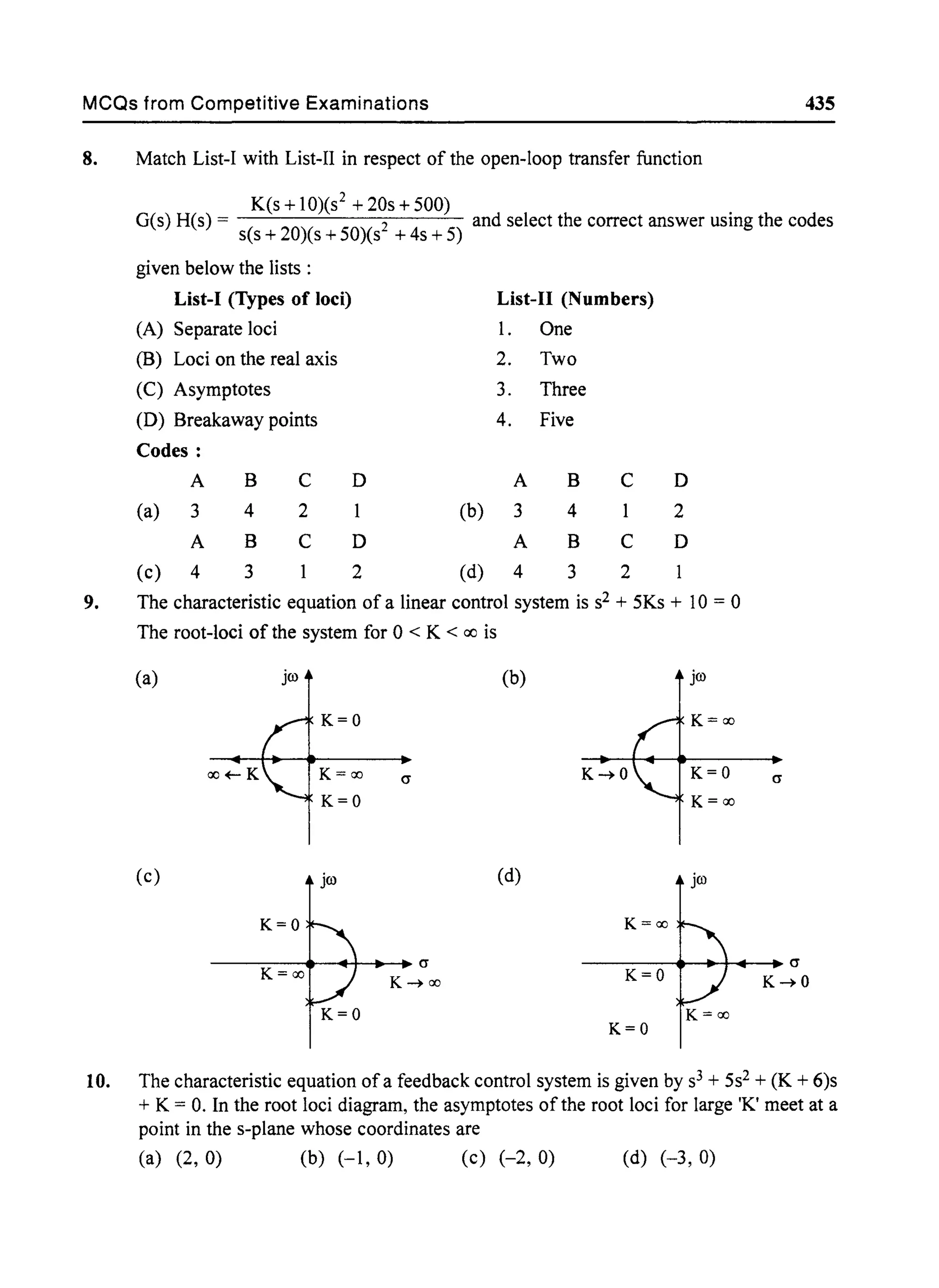 MCQs from Competitive Examinations 435
8. Match List-I with List-II in respect of the open-loop transfer function
K(s + 10)(s2 + 20s + 500)
G(s) H(s) '= (20)( 2 and select the correct answer using the codes
s s+ s+50)(s +4s+5)
given below the lists:
List-I (Types of loci) List-II (Numbers)
(A) Separate loci 1. One
(B) Loci on the real axis 2. Two
(C) Asymptotes 3. Three
(D) Breakaway points 4. Five
Codes:
A B C D A B C D
(a) 3 4 2 (b) 3 4 1 2
A B C D A B C D
(c) 4 3 2 (d) 4 3 2
9. The characteristic equation of a linear control system is s2 + 5Ks + 10 '= 0
The root-loci of the system for 0 < K < 00 is
(a) jw (b) jw
K=O K=oo
oo~K K=oo (J K=O
K=O K=oo
(c) jw (d) jw
K=O K=oo
K=oo
(J
K~oo
K=O
K=O K=oo
K=O
(J
(J
K~O
10. The characteristic equation ofa feedback control system is given by s3 + 5s2 + (K + 6)s
+ K '= O. In the root loci diagram, the asymptotes ofthe root loci for large 'K' meet at a
point in the s-plane whose coordinates are
(a) (2, 0) (b) (-1,0) (c) (-2,0) (d) (-3,0)
 