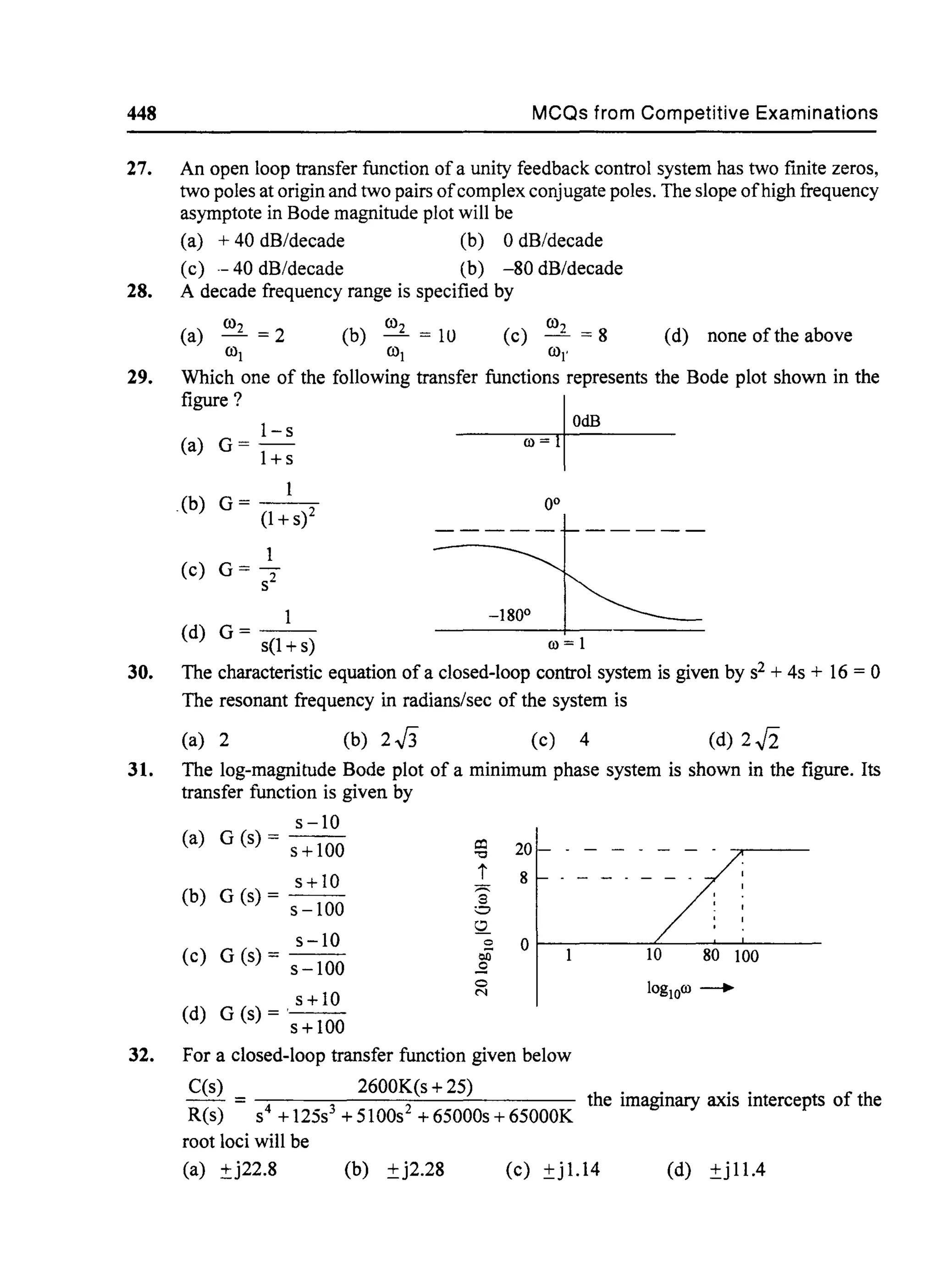 448 MCQs from Competitive Examinations
27. An open loop transfer function of a unity feedback control system has two finite zeros,
two poles at origin and two pairs ofcomplex conjugate poles. The slope ofhigh frequency
asymptote in Bode magnitude plot will be
(a) + 40 dB/decade (b) 0 dB/decade
(c) .- 40 dB/decade (b) -80 dB/decade
28. A decade frequency range is specified by
(a) (02 = 2 (b) ~ = lU (c) ~ = 8 (d) none of the above
(01 (01 (01'
29. Which one of the following transfer functions represents the Bode plot shown in the
figure? IOdB
I-s .
(a) G= - 0) 1
l+s
(b) G= (1+S)2
1
(c) G = -
S2
1 -180°
(d) G = s(1 + s) -----0}-i=-1- - - - -
30. The characteristic equation of a closed-loop control system is given by s2 + 4s + 16 = 0
The resonant frequency in radians/sec of the system is
31.
(a) 2 (b) 2J3 (c) 4 (d) 2fi
The log-magnitude Bode plot of a minimum phase system is shown in the figure. Its
transfer function is given by
s-10
(a) G (s) = s+100
s+lO
(b) G (s) = s _ 100
s-10
(c) G (s) = s-100
s+lO
(d) G (s) = 's+100
o
N
20 - - - - - - -
8
0r-------~10~---80~~-----
100
32. For a closed-loop transfer function given below
C(s) 2600K(s + 25)
- - = the imaginary axis intercepts of the
R(s) S4 + 125s3
+ 5100s2
+ 65000s + 65000K
root loci will be
(a) ±j22.8 (b) ±j2.28 (c) ±j1.14 (d) ±j 11.4
 