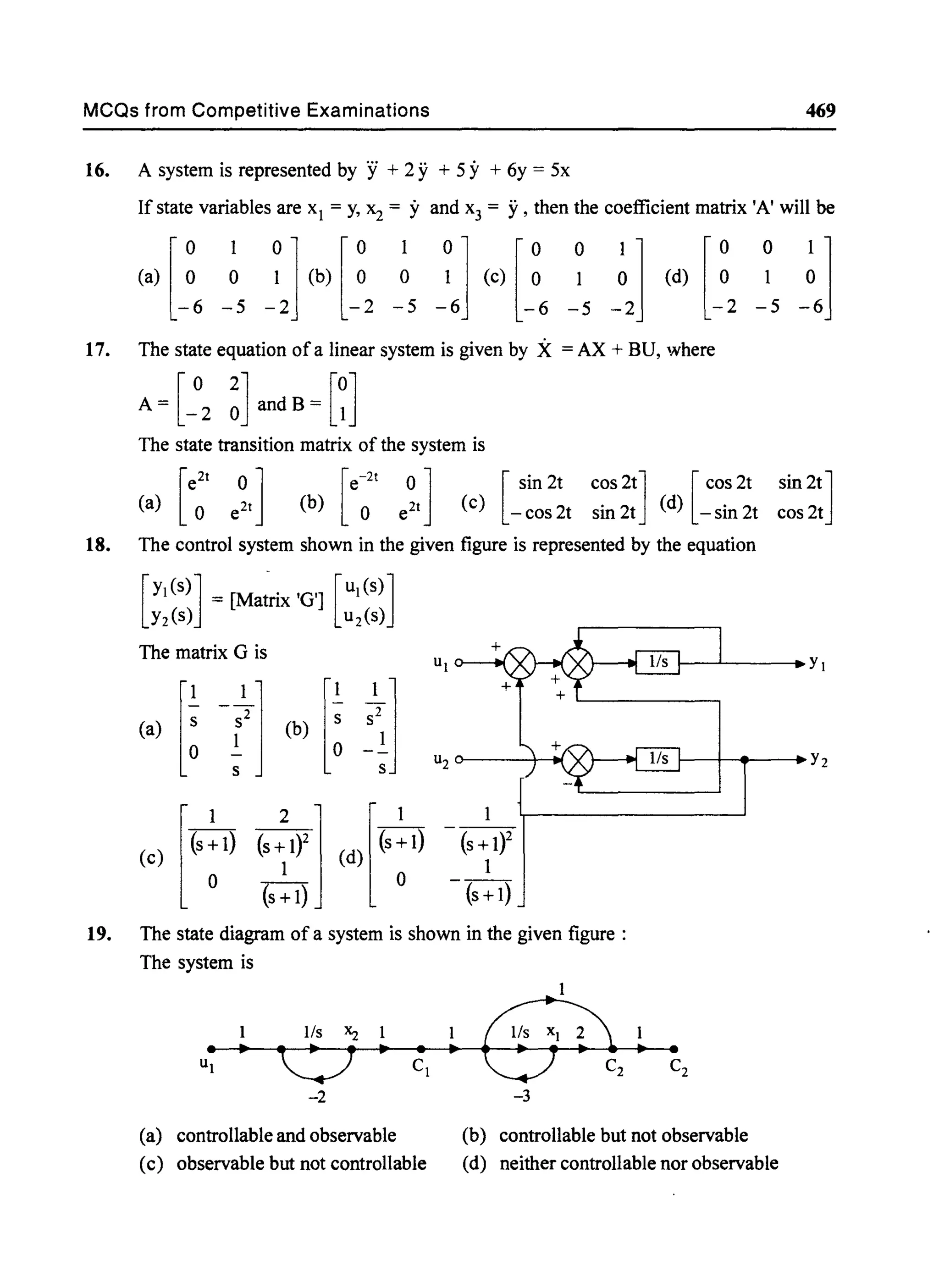MCQs from Competitive Examinations 469
16. A system is represented by y + 2 Y+ 5 y + 6y = 5x
If state variables are xl = y, x2 = y and x3 = y, then the coefficient matrix 'A' will be
[
0 I 0] [0 I 0] [0(a) ° ° I (b) ° ° I (c) °-6 -5 -2 -2 -5 -6 -6
~ ~1(d) [~ ° ~1-5 -2 -2 -5 -6
17. The state equation ofa linear system is given by X = AX + BU, where
A = [_02 ~] and B = [~]
The state transition matrix of the system is
(aJ [e;' e~'1 [
sin 2t cos 2t] [ cos 2t sin 2t]
(c) _ cos 2t sin 2t (d) - sin 2t cos 2t
18. The control system shown in the given figure is represented by the equation
[Yl(S)] = [Mat~ 'G'] [Ul(S)]
Y2(S) u2(s)
The matrix G is
(aJ [! -ll ~J [! ~~l
(c) [(,:1) (S~I)21 (d) [(S:I) -(S~IY
° ° ---(s+l) (s+l)
19. The state diagram of a system is shown in the given figure:
The system is
I lis Xz
• • •
(a) controllable and observable (b) controllable but not observable
(c) observable but not controllable (d) neither controllable nor observable
 