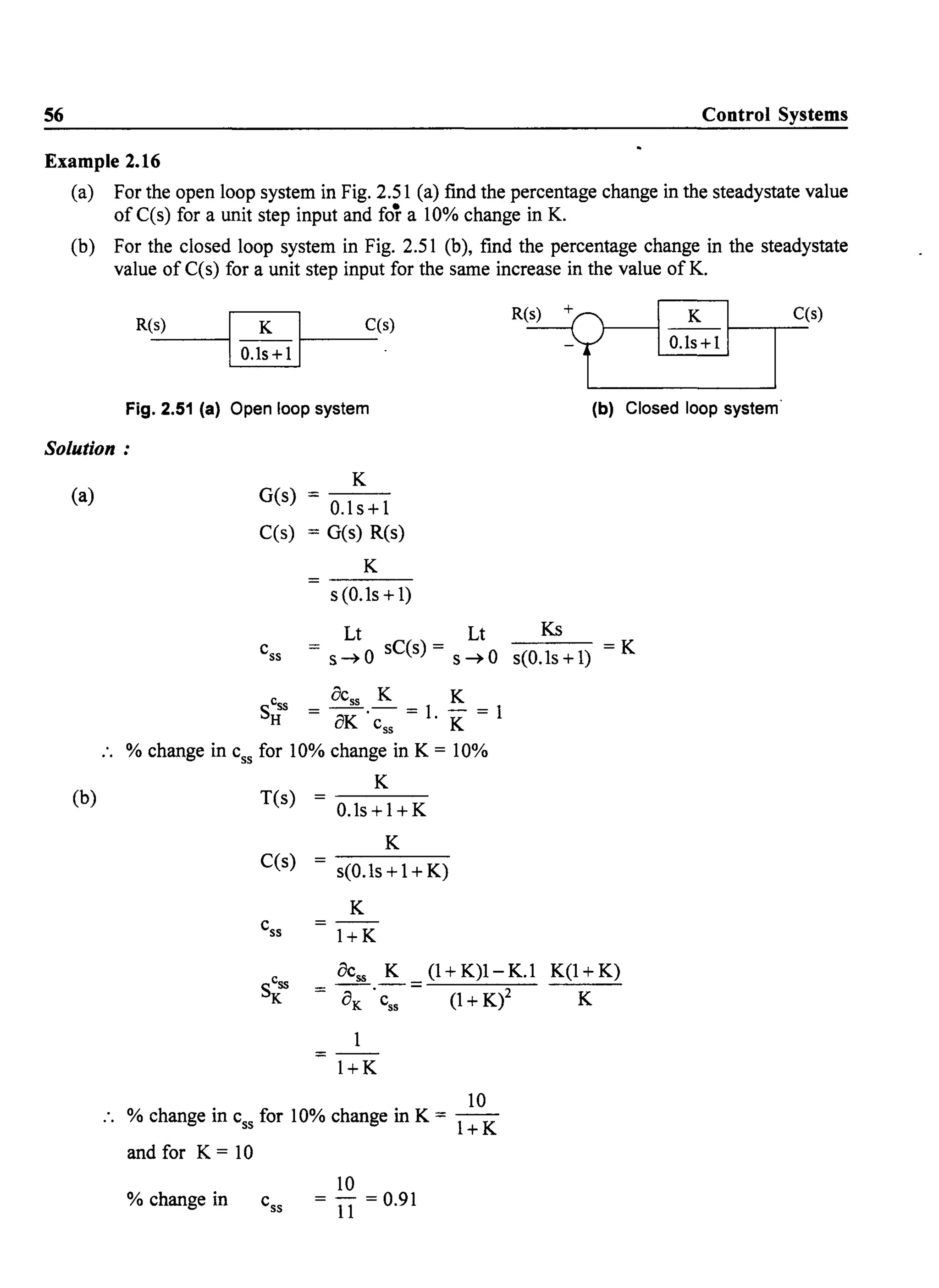 56 Control Systems
Example 2.16
(a) For the open loop system in Fig. 2.51 (a) find the percentage change in the steadystate value
of C(s) for a unit step input and for a 10% change in K.
(b) For the closed loop system in Fig. 2.51 (b), find the percentage change in the steadystate
value ofC(s) for a unit step input for the same increase in the value ofK.
R(s)
I~ If----C(S) R~~I
Fig. 2.51 (a) Open loop system (b) Closed loop system'
Solution:
(a)
(b)
K
G(s) O.ls+1
C(s) = G(s) R(s)
K
s (O.ls + 1)
Lt Lt Ks
css s~O sC(s) = s~O s(O.ls+l) =K
SCss = ocss.~ = 1 K = 1
H oK css . K
.. % change in css for 10% change in K = 10%
K
T(s)
O.ls+1 +K
K
C(s)
s(O.ls + 1+ K)
K
css
=--
I+K
SCss
oCss ~
=
(l+K)I-K.l
=
OK (1+KiK css
1
I+K
10
.. % change in css for 10% change in K = 1+ K
and for K = 10
10
% change in css = U = 0.91
K(l+K)
K
C(s)
 