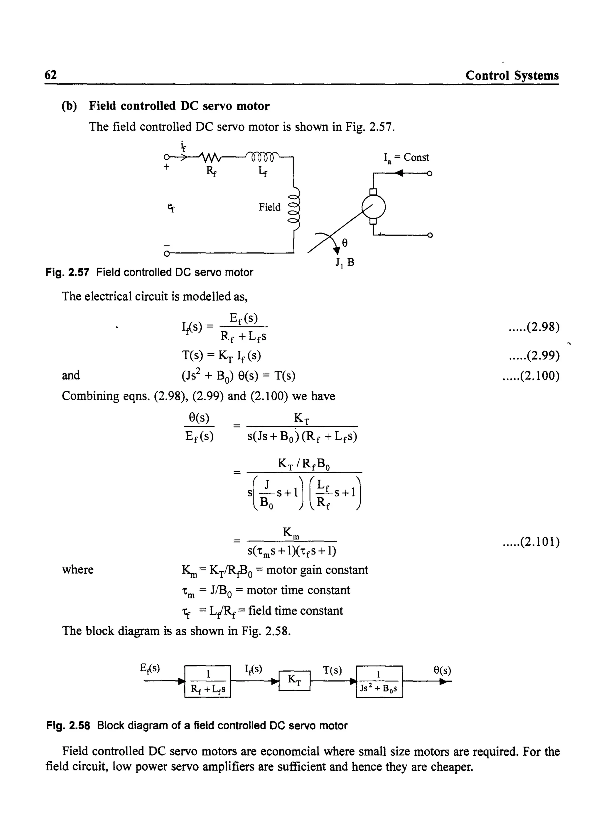 62
(b) Field controlled DC servo motor
The field controlled DC servo motor is shown in Fig. 2.57.
~
+
Fig. 2.57 Field controlled DC servo motor
The electrical circuit is modelled as,
lis) = Ef(s)
Rf +Lfs
T(s) = KT Ir(s)
and (Js2 + Bo) 9(s) = T(s)
Combining eqns. (2.98), (2.99) and (2.100) we have
where
9(s) Kr
Ef(s) s(Js + Bo)(Rf + Lfs)
s('tms + l)('tfs + 1)
~ = KTfR.;30 = motor gain constant
'tm = JlBo = motor time constant
1- = L/Rt-= field time constant
The block diagram i~ as shown in Fig. 2.58.
Fig. 2.58 Block diagram of a field controlled DC servo motor
Ia = Const
Control Systems
.....(2.98)
.....(2.99)
.....(2.100)
.....(2.101)
Field controlled DC servo motors are economcial where small size motors are required. For the
field circuit, low power servo amplifiers are sufficient and hence they are cheaper.
 
