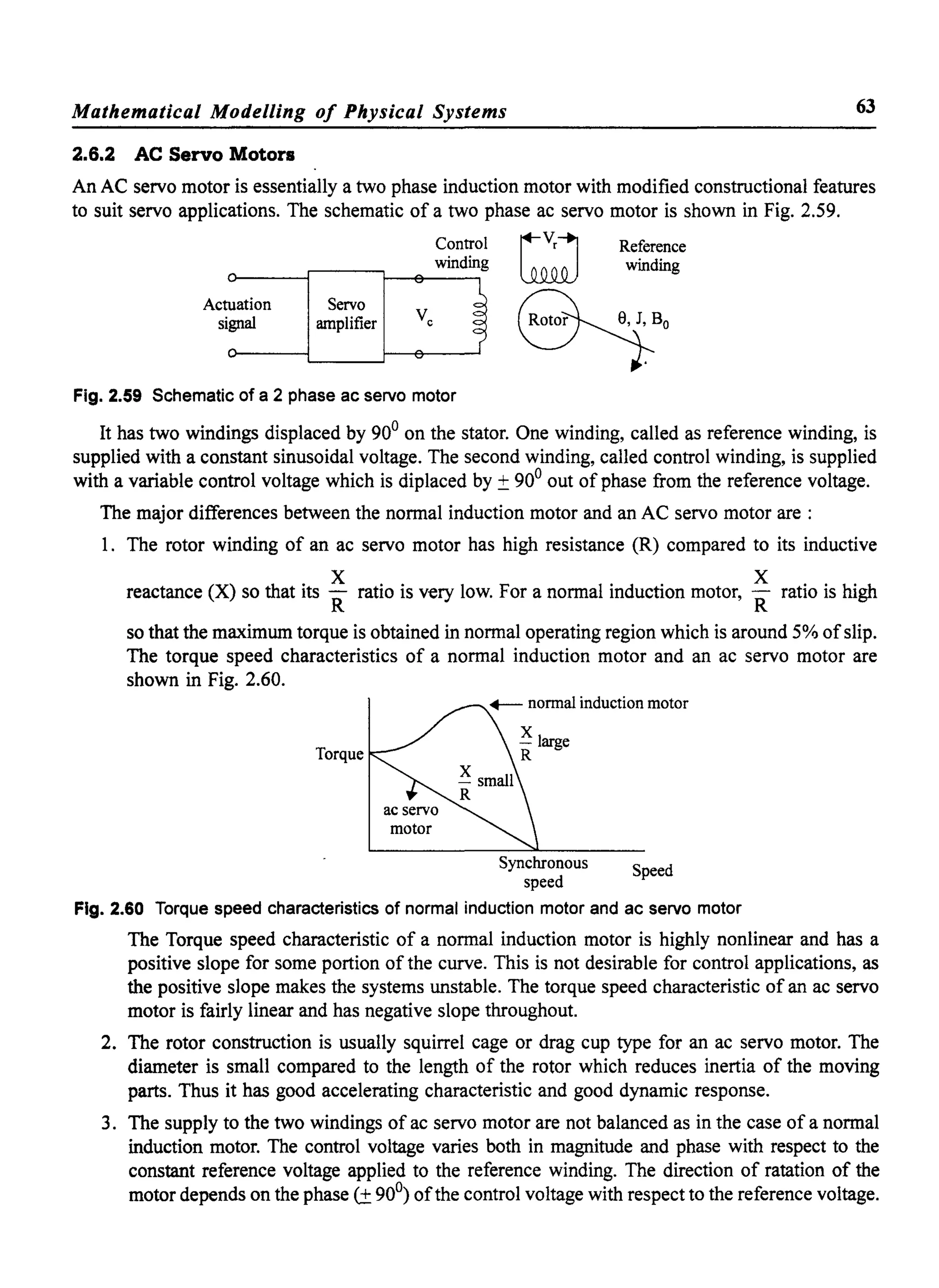 Mathematical Modelling of Physical Systems 63
2.6.2 AC Servo Motors
An AC servo motor is essentially a two phase induction motor with modified constructional features
to suit servo applications. The schematic of a two phase ac servo motor is shown in Fig. 2.59.
Control r-Vr1
o-____~----~__~wm~·=d~mg ~
Actuation
signal
Servo
amplifier
Fig. 2.59 Schematic of a 2 phase ac servo motor
Reference
windmg
It has two windings displaced by 90° on the stator. One winding, called as reference winding, is
supplied with a constant sinusoidal voltage. The second winding, called control winding, is supplied
with a variable control voltage which is diplaced by ± 90° out of phase from the reference voltage.
The major differences between the normal induction motor and an AC servo motor are:
1. The rotor winding of an ac servo motor has high resistance (R) compared to its inductive
reactance (X) so that its ~ ratio is very low. For a normal induction motor, ~ ratio is high
so that the maximum torque is obtained in normal operating region which is around 5% ofslip.
The torque speed characteristics of a normal induction motor and an ac servo motor are
shown in Fig. 2.60.
Torque
Synchronous
speed
Speed
Fig. 2.60 Torque speed characteristics of normal induction motor and ac servo motor
The Torque speed characteristic of a normal induction motor is highly nonlinear and has a
positive slope for some portion of the curve. This is not desirable for control applications, as
the positive slope makes the systems unstable. The torque speed characteristic of an ac servo
motor is fairly linear and has negative slope throughout.
2. The rotor construction is usually squirrel cage or drag cup type for an ac servo motor. The
diameter is small compared to the length of the rotor which reduces inertia of the moving
parts. Thus it has good accelerating characteristic and good dynamic response.
3. The supply to the two windings of ac servo motor are not balanced as in the case of a normal
induction motor. The control voltage varies both in magnitude and phase with respect to the
constant reference voltage applied to the reference winding. The direction of ratation of the
motor depends on the phase C± 90°) ofthe control voltage with respect to the reference voltage.
 