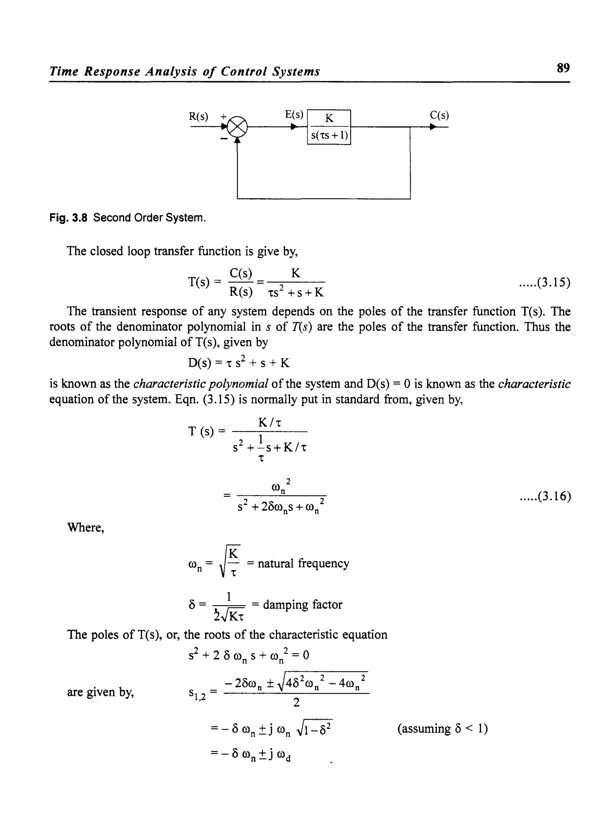 Time Response Analysis of Control Systems 89
R(s) + C(s)
Fig. 3.8 Second Order System.
The closed loop transfer function is give by,
T(s) = C(s) = 2 K .....(3.15)
R(s) 'ts +s+K
The transient response of any system depends on the poles of the transfer function T(s). The
roots of the denominator polynomial in s of T(s) are the poles of the transfer function. Thus the
denominator polynomial ofT(s), given by
D(s) = 't s2 + S + K
is known as the characteristic polynomial of the system and D(s) = 0 is known as the characteristic
equation of the system. Eqn. (3.15) is normally put in standard from, given by,
Where,
KI't
T(s)= - - - -
S2 +!s+K/'t
't
00 2
n
OOn = ~ = natural frequency
o= ik = damping factor
The poles of T(s), or, the roots of the characteristic equation
S2 + 2 0 00 s + 00 2 = 0n n
are given by,
_ 2000 n ± ~40200n2
- 400 n2
Sl,2 = ---"'---=--2-"------:::..-
= - 0 OOn ±j OOn ~
= - 0 OOn ±j OOd
.....(3.16)
(assuming 0 < 1)
 