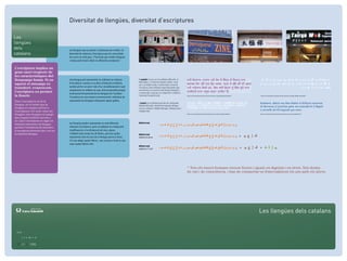 Diversitat de llengües, diversitat d’escriptures

Les
llengües
dels                                 Les llengües que es parlen a Catalunya són moltes i la
catalans                             diversitat de sistemes d’escriptura que les comunitats
                                     fan servir és molt gran. T’has ﬁxat que moltes botigues
                                     i restaurants tenen rètols en diferents escriptures?

L’escriptura implica un
gran canvi respecte de
les característiques del
llenguatge humà. Si en               Una llengua pot representar-se utilitzant un sistema           El panjabi s’escriu en tres alfabets diferents: el
                                                                                                    devanagari, a l’estat de Haryana (Índia) i asso-
aquest el missatge és                d’escriptura i canviar a un altre al llarg de la història,
                                                                                                    ciat a la religió hindú; el shahmukhi, versió de
transitori, evanescent,              també pot fer-ne servir més d’un simultàniament o pot          l’escriptura àrab utilitzada majoritàriament pels
                                     simplement no utilitzar-ne cap. Això és possible perquè        musulmans a la província del Panjab (Pakistan),
l’escriptura en permet                                                                              i el gurmukhi, associat a la religió sikh i utilitzat a
                                     la dimensió fonamental de les llengües és l’oralitat i
la ﬁxació.                           l’escriptura és una manera convencional i arbitrària de
                                                                                                    l’estat del Panjab (Índia).                               Article 1 de la Declaració Universal de Drets Humans en panjabi (alfabet gurmukhi) *    Article 1 de la Declaració Universal de Drets Humans en panjabi (alfabet shahmukhi) *



Però l’escriptura no fa la           representar les llengües mitjançant signes gràﬁcs.
                                                                                                    L’amazic té un alfabet propi des de l’antiguitat                                                                                                 !"#$%&%'($))&%("$(**$%(++*$*&%(#(,*&**,-&%(".$/$%(
llengua, en el sentit que la                                                                        (alfabet tiﬁnagh). Actualment aquesta llengua                                                                                                    !"#$%&'()*#!#+",'-.*/0123-#4'/#5*)4*6&"5#!#$783'$#
llengua és sempre prèvia a                                                                          s’escriu utilitzant l’alfabet tiﬁnagh, l’alfabet àrab i
l’escriptura. Per això, totes les                                                                   l’alfabet llatí.
                                                                                                                                                                                                                                                     3#+'44'.6#*!05"$"#5'1)*55#1*-#*4'/9
llengües són llengües al marge                                                                                                                                Article 1 de la Declaració Universal de Drets Humans en amazic (alfabet tiﬁnagh) *     Article 1 de la Declaració Universal de Drets Humans en amazic (alfabet llatí) *

que tinguin tradició escrita o
no. Que l’escriptura no sigui un
element inherent a la llengua        Les llengües poden representar-se amb diferents                Alfabet àrab

permet l’existència de sistemes      sistemes d’escriptura, però cal adaptar-los mitjançant
d’escriptura diversos ﬁns i tot en   modiﬁcacions o la introducció de nous signes.
la mateixa llengua.                  L’alfabet àrab consta de 28 lletres, però per poder            Alfabet àrab
                                     representar tots els sons de la llengua persa (o farsi)        adaptat al persa
                                     s’hi van afegir quatre lletres, i per escriure l’urdú es van
                                     crear quatre lletres més.
                                                                                                    Alfabet àrab
                                                                                                    adaptat a l’urdú




                                                                                                                                                              * Tots els éssers humans neixen lliures i iguals en dignitat i en drets. Són dotats
                                                                                                                                                              de raó i de consciència, i han de comportar-se fraternalment els uns amb els altres.




                                                                                                                                                                                                                                                     Les llengües dels catalans
             OBRA SOCIAL
 