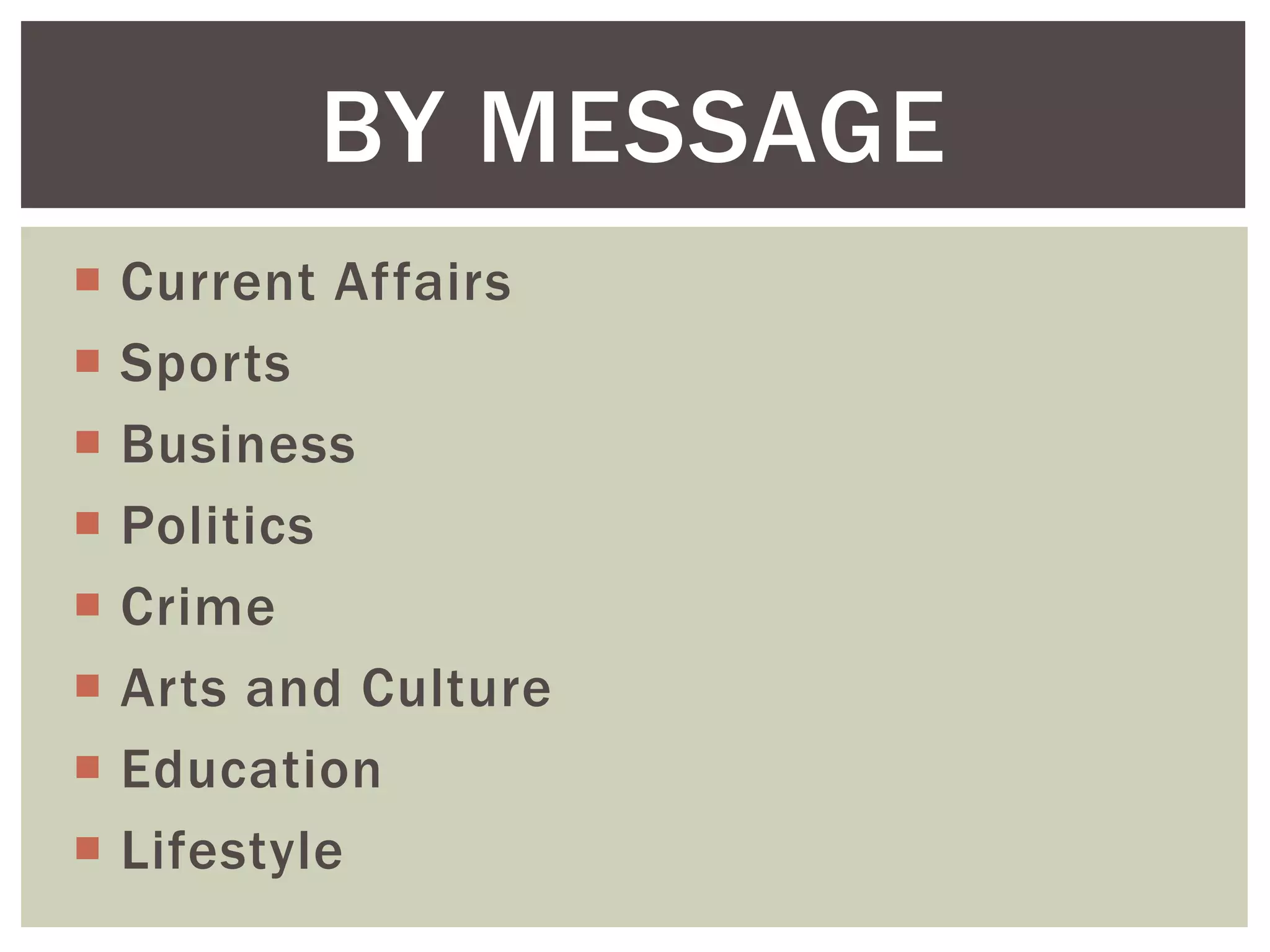  Current Affairs
 Sports
 Business
 Politics
 Crime
 Arts and Culture
 Education
 Lifestyle
BY MESSAGE
 