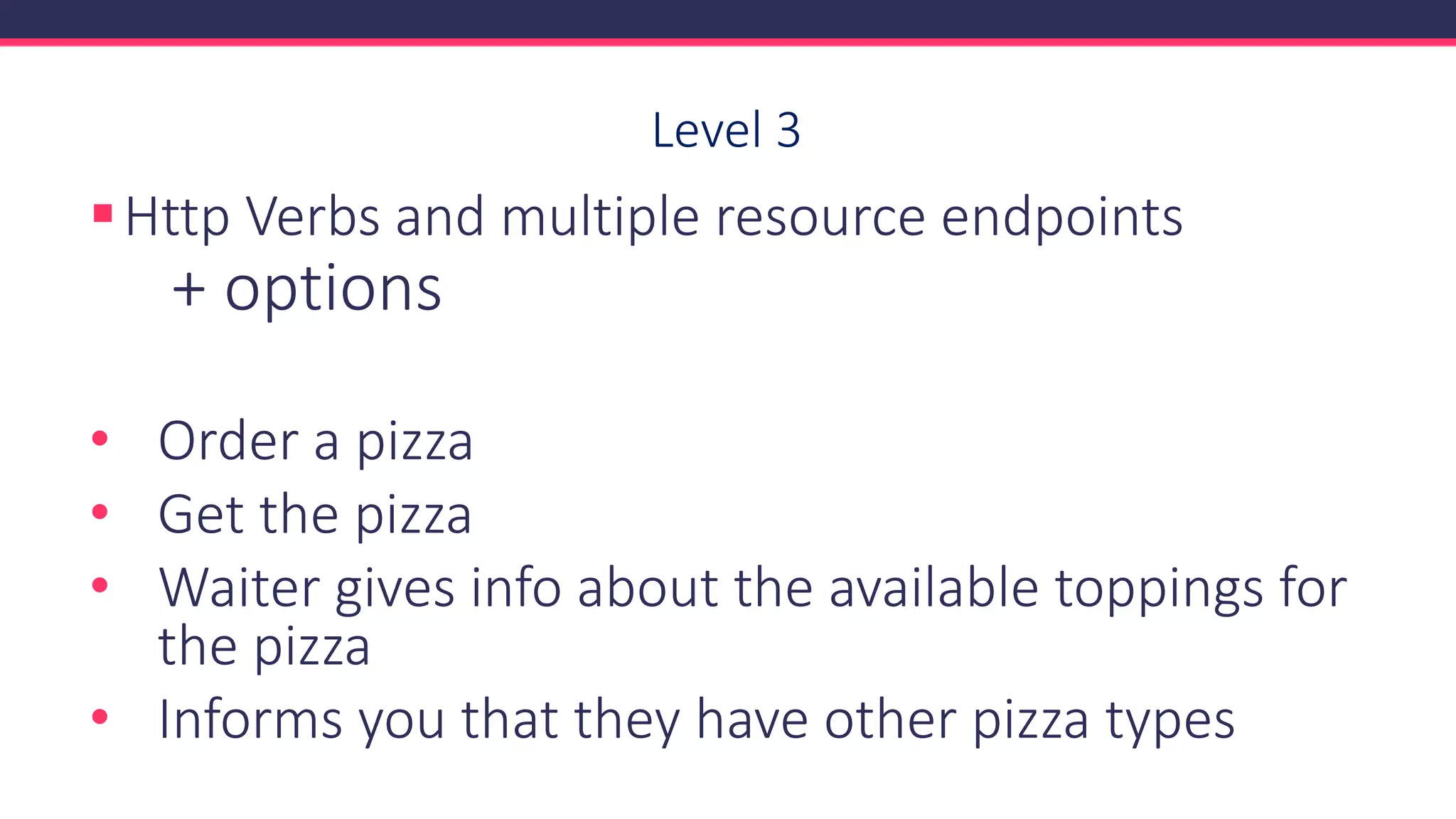 Level 3
▪Http Verbs and multiple resource endpoints
+ options
• Order a pizza
• Get the pizza
• Waiter gives info about the available toppings for
the pizza
• Informs you that they have other pizza types
 