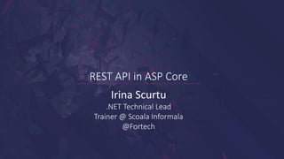 REST API in ASP Core
Irina Scurtu
.NET Technical Lead
Trainer @ Scoala Informala
@Fortech
 