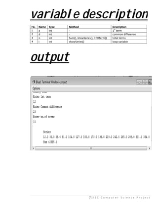 varia
No. Name Type
1 a int
2 d int
3 n int
4 i int
outpu
7 | I S C C o m p u t
able descr
Method D
- 1s
- co
Sum(), showSeries(), nTHTerm() to
showSeries() lo
ut
e r S c i e n c e P r o j e c t
ription
escription
st
term
ommon difference
otal terms
oop variable
 