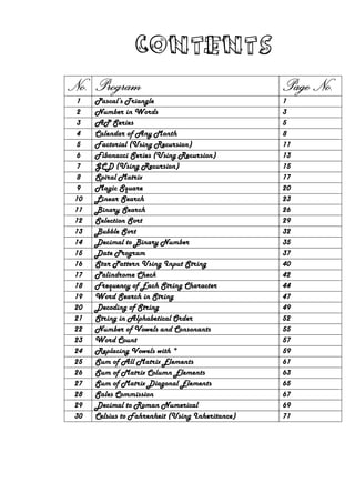 contents
No. Program Page No.
1 Pascal’s Triangle 1
2 Number in Words 3
3 AP Series 5
4 Calendar of Any Month 8
5 Factorial (Using Recursion) 11
6 Fibonacci Series (Using Recursion) 13
7 GCD (Using Recursion) 15
8 Spiral Matrix 17
9 Magic Square 20
10 Linear Search 23
11 Binary Search 26
12 Selection Sort 29
13 Bubble Sort 32
14 Decimal to Binary Number 35
15 Date Program 37
16 Star Pattern Using Input String 40
17 Palindrome Check 42
18 Frequency of Each String Character 44
19 Word Search in String 47
20 Decoding of String 49
21 String in Alphabetical Order 52
22 Number of Vowels and Consonants 55
23 Word Count 57
24 Replacing Vowels with * 59
25 Sum of All Matrix Elements 61
26 Sum of Matrix Column Elements 63
27 Sum of Matrix Diagonal Elements 65
28 Sales Commission 67
29 Decimal to Roman Numerical 69
30 Celsius to Fahrenheit (Using Inheritance) 71
 