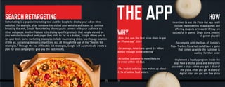 29 30
SEARCH RETARGETING
Remarketing is a popular marketing tool used by Google to display your ad on other
websites. For example, after someone has visited your website and leaves to continue
browsing the web, Google Remarketing allows you to connect with your audience on
other webpages. Another feature is to display specific products that people viewed on
your website throughout web pages they visit. As far as a budget, Google allows you to
set your limit. Some marketing strategies include maximizing clicks, search page location
of the ad, outranking domain competition, etc. all through the use of the “flexible bid
strategies.” Through the use of flexible bid strategies, Google will automatically create a
plan for your campaign to give you the best results.
-Incentives to use the Pizza Hut app could
include implementing in app games and
offering coupons or rewards if they are
successful in games (high score, amount
of games played)
-To compete with the likes of Domino’s
Pizza Tracker, Pizza Hut could have a game
that comes up while the customer is
waiting for their order
-Implement a loyalty program inside the
app: have a digital pizza and every time
you order a pizza online you get a slice of
the pizza. After you get 8 slices of
digital pizza you get one free pizza
-Pizza Hut was the first pizza chain to get
an iPhone app” 2009
-On average, Americans spend $9 billion
dollars through online ordering
-An online customer is more likely to
re-order within 60 days
-The mobile ordering now makes up about
23% of online food orders.
THE APP
WHY
HOW
-Incentives to use the Pizza Hut app could
include implementing in app games and
THE APP
you order a pizza online you get a slice of
the pizza. After you get 8 slices of
digital pizza you get one free pizza
-The mobile ordering now makes up about-The mobile ordering now makes up about
23% of online food orders.23% of online food orders.
 