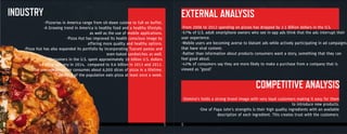 5 6
-From 2006 to 2012 spending on pizzas has dropped by 2.1 Billion dollars in the U.S.
-57% of U.S. adult smartphone owners who see in-app ads think that the ads interrupt their
user experience.
-Mobile users are becoming averse to blatant ads while actively participating in ad campaigns
that have viral content.
-Rather than information about products consumers want a story, something that they can
feel good about.
-43% of consumers say they are more likely to make a purchase from a company that is
viewed as “good”.
-Domino’s holds a strong brand image with very loyal customers making it easy for them
to introduce new products.
-One of Papa John’s strengths is their high quality ingredients with an available
description of each ingredient. This creates trust with the customers.
INDUSTRY EXTERNAL ANALYSIS
COMPETITIVE ANALYSIS
-Pizzerias in America range from sit-down cuisine to full on buffet.
-A Growing trend in America is healthy food and a healthy lifestyle,
as well as the use of mobile applications.
-Pizza Hut has improved its health conscious image by
offering more quality and healthy options.
-Pizza Hut has also expanded its portfolio by incorporating Tuscani pastas and
oven-baked sandwiches as well.
-Consumers in the U.S. spent approximately 10 billion U.S. dollars
on pizza delivery in 2014, compared to 9.6 billion in 2013 and 2012.
-The average American consumes about 6,000 slices of pizza in a lifetime.
-A third of the population eats pizza at least once a week.
 