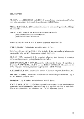 BIBLIOGRAFIA.


AINSCOW, M., J. BERESFORD, et al. (2001). Crear condiciones para la mejora del trabajo
en el aula. Manual para la formación del profesorado. Madrid: Narcea.

ARNAIZ SANCHEZ, P. (2003). Educación Inclusiva: una escuela para todos. Málaga:
Ediciones Aljibe.

DEPARTAMENT EDUCACIÓ. Barcelona: Generalitat de Catalunya.
     (2003). Pla Director de l'Educació Especial.
     (2004) Is uc n di cd cr
              nt ci s ’ i e us
                r o         ni          .


FERNANDEZ ENGUITA, M. (1985). Integrar o segregar. Barcelona: Laia.

FOREST, M. (1988). Full inclusion is possible. Impact, 1,13-14.

GARCÍA, J. N. and J. C. ALONSO (1985). Actitudes de los maestros hacia la integración
escolar de los niños con NEE. Infancia y aprendizaje 30, 85-103.

GINÉ, C. (1997). Laa ai
                      ’ lc
                        v u óde les necessitats educatives dels alumnes: la necessària
col·laboració entre mestres i psicopedagogs. Suports. 1, 1-5.

LEON GUERRERO, M. J. (1997). El desarrollo profesional del docente y la atención a la
diversidad. A. SÁNCHEZ PALOMINO and J. c. TORRES GONZÁLEZ. Educación especial
I. Una perspectiva curricular, organizativa y profesional. Madrid: Pirámide.

PUIGDELLÍVOL, I. (1998). La educación especial en la escuela integrada. Barcelona: Graó.

REIG BODÍ, R. (1999). La atención a la diversidad y la educación especial en la ESO. I. y. I.
J. i. d. e. Especial. Valencia: Marfil.

STAINBACK, S. y. W. (1999). Aulas Inclusivas. Madrid: Narcea.

WADE, B. and M. MOORE (1992). Nosotros también tenemos voz: Lo que los alumnos con
necesidades educativas especiales pueden decirnos. A La investigación sobre la integración:
Tópicos, aproximaciones y procedimientos. (pp.157-170). Salamanca: Amaru.




                                                                                          10
 
