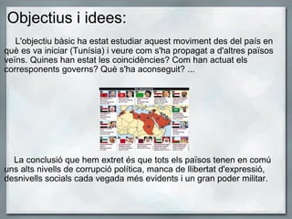 Objectius i idees:      L'objectiu bàsic ha estat estudiar aquest moviment des del país en què es va iniciar (Tunísia) i veure com s'ha propagat a d'altres països veïns. Quines han estat les coincidències? Com han actuat els corresponents governs? Què s'ha aconseguit? ...                      La conclusió que hem extret és que tots els països tenen en comú uns alts nivells de corrupció política, manca de llibertat d'expressió, desnivells socials cada vegada més evidents i un gran poder militar.     
