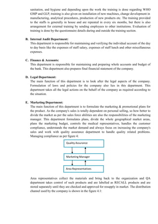 sanitation, and hygiene and depending upon the work the training is done regarding WHO
GMP and GLP, training is also given on installation of new machines, change development in
manufacturing, analytical procedures, production of new products etc. The training provided
to the staffs is generally in house and are repeated in every six months, but there is also
arrangement for external training by sending employees to other institutions. Evaluation of
training is done by the questionnaire details during and outside the training section.
B. Internal Audit Department:
This department is responsible for maintaining and verifying the individual account of the day
to day basis like the expenses of staff salary, expenses of staff lunch and other miscellaneous
expenses.
C. Finance & Accounts:
This department is responsible for maintaining and preparing whole accounts and budget of
the bank. This department also prepares final financial statement of the company.
D. Legal Department:
The main function of this department is to look after the legal aspects of the company.
Formulation of laws and policies for the company also lies in this department. This
department takes all the legal actions on the behalf of the company as required according to
the situation.
E. Marketing Department:
The main function of this department is to formulate the marketing & promotional plans for
the product. As the company's sales is totally dependent on personal selling, so how better to
divide the market as per the sales force abilities are also the responsibilities of the marketing
manager. This department formulates plans, divide the whole geographical market areas,
plans the marketing budget, controls the medical representatives, handles the customer
compliance, understands the market demand and always focus on increasing the company's
sales and work with quality assurance department to handle quality related problems.
Managing compliance as per figure 4:
Area representatives collect the materials and bring back to the organization and QA
department takes control of such products and are labelled as RECALL products and are
stored separately until they are checked and approved for resupply in market. The distribution
channel used by the company is shown in the figure 4.1:
Quality Assurance
Marketing Manager
Area Representatives
 