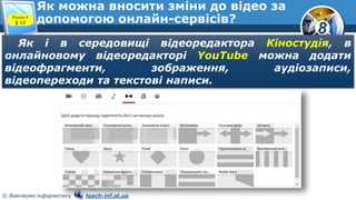 8
© Вивчаємо інформатику teach-inf.at.ua
Як можна вносити зміни до відео за
допомогою онлайн-сервісів?Розділ 4
§ 12
Як і в середовищі відеоредактора Кіностудія, в
онлайновому відеоредакторі YouTube можна додати
відеофрагменти, зображення, аудіозаписи,
відеопереходи та текстові написи.
 