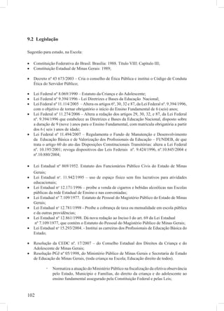 102
9.2 Legislação
Sugestão para estudo, na Escola:
Constituição Federativa do Brasil. Brasília: 1988. Título VIII: Capítulo III;•
Constituição Estadual de Minas Gerais: 1989;•
Decreto nº 43 673/2003 – Cria o conselho de Ética Pública e institui o Código de Conduta•
Ética do Servidor Público;
Lei Federal nº 8.069/1990 – Estatuto da Criança e do Adolescente;•
Lei Federal nº 9.394/1996 - Lei Diretrizes e Bases da Educação Nacional;•
Lei Federal nº 11.114/2005 –Altera os artigos 6º, 30, 32 e 87, da Lei Federal nº. 9.394/1996,•
com o objetivo de tornar obrigatório o início do Ensino Fundamental de 6 (seis) anos;
Lei Federal nº 11.274/2006 – Altera a redação dos artigos 29, 30, 32, e 87, da Lei Federal•
nº. 9.394/1996 que estabelece as Diretrizes e Bases da Educação Nacional, disposto sobre
a duração de 9 (nove ) anos para o Ensino Fundamental, com matricula obrigatória a partir
dos 6 ( seis ) anos de idade;
Lei Federal nº 11.494/2007 – Regulamenta o Fundo de Manutenção e Desenvolvimento•
da Educação Básica e de Valorização dos Proﬁssionais da Educação – FUNDEB, de que
trata o artigo 60 do ato das Disposições Constitucionais Transitórias: altera a Lei Federal
nº. 10.195/2001; revoga dispositivos das Leis Federais nº. 9.424/1996, nº.10.845/2004 e
nº.10.880/2004;
Lei Estadual nº 869/1952. Estatuto dos Funcionários Público Civis do Estado de Minas•
Gerais;
Lei Estadual n• o
. 11.942/1995 – uso de espaço físico sem ﬁns lucrativos para atividades
educacionais;
Lei Estadual n• o
12.171/1996 – proíbe a venda de cigarros e bebidas alcoólicas nas Escolas
públicas da rede Estadual de Ensino e nas conveniadas;
Lei Estadual nº 7.109/1977. Estatuto de Pessoal do Magistério Público do Estado de Minas•
Gerais;
Lei Estadual n• o
12.781/1998 - Proíbe a cobrança de taxa ou mensalidade em escola pública
e da outras providências;
Lei Estadual nº 12.861/1998. Dá nova redação ao Inciso I do art. 69 da Lei Estadual•
nº 7.109/1977, que contém o Estatuto do Pessoal do Magistério Público de Minas Gerais;
Lei Estadual n• o
15.293/2004. - Institui as carreiras dos Proﬁssionais de Educação Básica do
Estado;
Resolução da CEDC nº. 17/2007 – do Conselho Estadual dos Direitos da Criança e do•
Adolescente de Minas Gerais;
Resolução PGJ nº 05/1998, do Ministério Público de Minas Gerais e Secretaria de Estado•
de Educação de Minas Gerais, (toda criança na Escola; Educação direito de todos).
Normatiza a atuação do Ministério Público na ﬁscalização da efetiva observância
pelo Estado, Município e Famílias, do direito da criança e do adolescente ao
ensino fundamental assegurado pela Constituição Federal e pelas Leis;
 