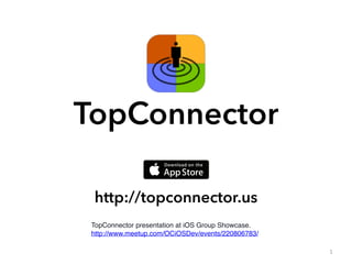 1
http://topconnector.us
TopConnector
TopConnector presentation at iOS Group Showcase.
http://www.meetup.com/OCiOSDev/events/220806783/
 