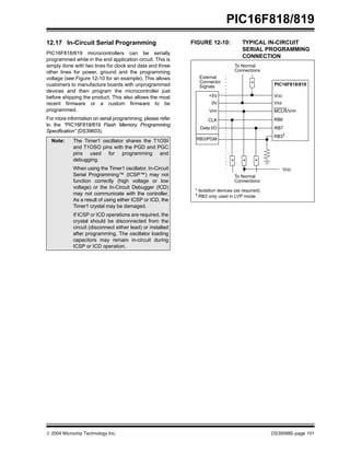  2004 Microchip Technology Inc. DS39598E-page 101
PIC16F818/819
12.17 In-Circuit Serial Programming
PIC16F818/819 microcontrollers can be serially
programmed while in the end application circuit. This is
simply done with two lines for clock and data and three
other lines for power, ground and the programming
voltage (see Figure 12-10 for an example). This allows
customers to manufacture boards with unprogrammed
devices and then program the microcontroller just
before shipping the product. This also allows the most
recent firmware or a custom firmware to be
programmed.
For more information on serial programming, please refer
to the “PIC16F818/819 Flash Memory Programming
Specification” (DS39603).
FIGURE 12-10: TYPICAL IN-CIRCUIT
SERIAL PROGRAMMING
CONNECTION
Note: The Timer1 oscillator shares the T1OSI
and T1OSO pins with the PGD and PGC
pins used for programming and
debugging.
When using the Timer1 oscillator, In-Circuit
Serial Programming™ (ICSP™) may not
function correctly (high voltage or low
voltage) or the In-Circuit Debugger (ICD)
may not communicate with the controller.
As a result of using either ICSP or ICD, the
Timer1 crystal may be damaged.
If ICSP or ICD operations are required, the
crystal should be disconnected from the
circuit (disconnect either lead) or installed
after programming. The oscillator loading
capacitors may remain in-circuit during
ICSP or ICD operation.
External
Connector
Signals
To Normal
Connections
To Normal
Connections
PIC16F818/819
VDD
VSS
MCLR/VPP
RB6
RB7
+5V
0V
VPP
CLK
Data I/O
VDD
* * *
*
* Isolation devices (as required).
†
RB3 only used in LVP mode.
RB3†
RB3/PGM
 
