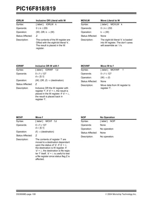 PIC16F818/819
DS39598E-page 108  2004 Microchip Technology Inc.
IORLW Inclusive OR Literal with W
Syntax: [ label ] IORLW k
Operands: 0 ≤ k ≤ 255
Operation: (W) .OR. k → (W)
Status Affected: Z
Description: The contents of the W register are
ORed with the eight-bit literal ‘k’.
The result is placed in the W
register.
IORWF Inclusive OR W with f
Syntax: [ label ] IORWF f,d
Operands: 0 ≤ f ≤ 127
d ∈ [0,1]
Operation: (W) .OR. (f) → (destination)
Status Affected: Z
Description: Inclusive OR the W register with
register ‘f’. If ‘d’ = 0, the result is
placed in the W register. If ‘d’ = 1,
the result is placed back in
register ‘f’.
MOVF Move f
Syntax: [ label ] MOVF f,d
Operands: 0 ≤ f ≤ 127
d ∈ [0,1]
Operation: (f) → (destination)
Status Affected: Z
Description: The contents of register ‘f’ are
moved to a destination dependant
upon the status of ‘d’. If ‘d’ = 0,
the destination is W register. If
‘d’ = 1, the destination is file regis-
ter ‘f’ itself. ‘d’ = 1 is useful to test
a file register since status flag Z is
affected.
MOVLW Move Literal to W
Syntax: [ label ] MOVLW k
Operands: 0 ≤ k ≤ 255
Operation: k → (W)
Status Affected: None
Description: The eight-bit literal ‘k’ is loaded
into W register. The don’t cares
will assemble as ‘0’s.
MOVWF Move W to f
Syntax: [ label ] MOVWF f
Operands: 0 ≤ f ≤ 127
Operation: (W) → (f)
Status Affected: None
Description: Move data from W register to
register ‘f’.
NOP No Operation
Syntax: [ label ] NOP
Operands: None
Operation: No operation
Status Affected: None
Description: No operation.
 