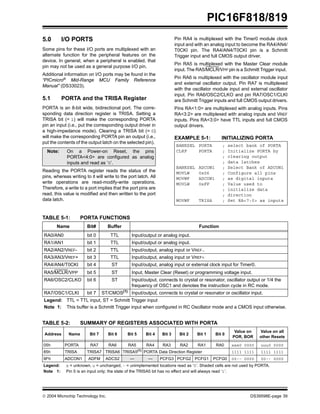  2004 Microchip Technology Inc. DS39598E-page 39
PIC16F818/819
5.0 I/O PORTS
Some pins for these I/O ports are multiplexed with an
alternate function for the peripheral features on the
device. In general, when a peripheral is enabled, that
pin may not be used as a general purpose I/O pin.
Additional information on I/O ports may be found in the
“PICmicro® Mid-Range MCU Family Reference
Manual” (DS33023).
5.1 PORTA and the TRISA Register
PORTA is an 8-bit wide, bidirectional port. The corre-
sponding data direction register is TRISA. Setting a
TRISA bit (= 1) will make the corresponding PORTA
pin an input (i.e., put the corresponding output driver in
a high-impedance mode). Clearing a TRISA bit (= 0)
will make the corresponding PORTA pin an output (i.e.,
put the contents of the output latch on the selected pin).
Reading the PORTA register reads the status of the
pins, whereas writing to it will write to the port latch. All
write operations are read-modify-write operations.
Therefore, a write to a port implies that the port pins are
read, this value is modified and then written to the port
data latch.
Pin RA4 is multiplexed with the Timer0 module clock
input and with an analog input to become the RA4/AN4/
T0CKI pin. The RA4/AN4/T0CKI pin is a Schmitt
Trigger input and full CMOS output driver.
Pin RA5 is multiplexed with the Master Clear module
input. The RA5/MCLR/VPP pin is a Schmitt Trigger input.
Pin RA6 is multiplexed with the oscillator module input
and external oscillator output. Pin RA7 is multiplexed
with the oscillator module input and external oscillator
input. Pin RA6/OSC2/CLKO and pin RA7/OSC1/CLKI
are Schmitt Trigger inputs and full CMOS output drivers.
Pins RA<1:0> are multiplexed with analog inputs. Pins
RA<3:2> are multiplexed with analog inputs and VREF
inputs. Pins RA<3:0> have TTL inputs and full CMOS
output drivers.
EXAMPLE 5-1: INITIALIZING PORTA
TABLE 5-1: PORTA FUNCTIONS
TABLE 5-2: SUMMARY OF REGISTERS ASSOCIATED WITH PORTA
Note: On a Power-on Reset, the pins
PORTA<4:0> are configured as analog
inputs and read as ‘0’.
BANKSEL PORTA ; select bank of PORTA
CLRF PORTA ; Initialize PORTA by
; clearing output
; data latches
BANKSEL ADCON1 ; Select Bank of ADCON1
MOVLW 0x06 ; Configure all pins
MOVWF ADCON1 ; as digital inputs
MOVLW 0xFF ; Value used to
; initialize data
; direction
MOVWF TRISA ; Set RA<7:0> as inputs
Name Bit# Buffer Function
RA0/AN0 bit 0 TTL Input/output or analog input.
RA1/AN1 bit 1 TTL Input/output or analog input.
RA2/AN2/VREF- bit 2 TTL Input/output, analog input or VREF-.
RA3/AN3/VREF+ bit 3 TTL Input/output, analog input or VREF+.
RA4/AN4/T0CKI bit 4 ST Input/output, analog input or external clock input for Timer0.
RA5/MCLR/VPP bit 5 ST Input, Master Clear (Reset) or programming voltage input.
RA6/OSC2/CLKO bit 6 ST Input/output, connects to crystal or resonator, oscillator output or 1/4 the
frequency of OSC1 and denotes the instruction cycle in RC mode.
RA7/OSC1/CLKI bit 7 ST/CMOS(1)
Input/output, connects to crystal or resonator or oscillator input.
Legend: TTL = TTL input, ST = Schmitt Trigger input
Note 1: This buffer is a Schmitt Trigger input when configured in RC Oscillator mode and a CMOS input otherwise.
Address Name Bit 7 Bit 6 Bit 5 Bit 4 Bit 3 Bit 2 Bit 1 Bit 0
Value on
POR, BOR
Value on all
other Resets
05h PORTA RA7 RA6 RA5 RA4 RA3 RA2 RA1 RA0 xxx0 0000 uuu0 0000
85h TRISA TRISA7 TRISA6 TRISA5(1) PORTA Data Direction Register 1111 1111 1111 1111
9Fh ADCON1 ADFM ADCS2 — — PCFG3 PCFG2 PCFG1 PCFG0 00-- 0000 00-- 0000
Legend: x = unknown, u = unchanged, - = unimplemented locations read as ‘0’. Shaded cells are not used by PORTA.
Note 1: Pin 5 is an input only; the state of the TRISA5 bit has no effect and will always read ‘1’.
 