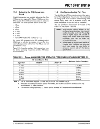  2003 Microchip Technology Inc. DS39598D-page 85
PIC16F818/819
11.2 Selecting the A/D Conversion
Clock
The A/D conversion time per bit is defined as TAD. The
A/D conversion requires 9.0 TAD per 10-bit conversion.
The source of the A/D conversion clock is software
selectable. The seven possible options for TAD are:
• 2 TOSC
• 4 TOSC
• 8 TOSC
• 16 TOSC
• 32 TOSC
• 64 TOSC
• Internal A/D module RC oscillator (2-6 µs)
For correct A/D conversions, the A/D conversion clock
(TAD) must be selected to ensure a minimum TAD time
as small as possible, but no less than 1.6 µs and not
greater than 6.4 µs.
Table 11-1 shows the resultant TAD times derived from
the device operating frequencies and the A/D clock
source selected.
11.3 Configuring Analog Port Pins
The ADCON1 and TRISA registers control the opera-
tion of the A/D port pins. The port pins that are desired
as analog inputs must have their corresponding TRIS
bits set (input). If the TRIS bit is cleared (output), the
digital output level (VOH or VOL) will be converted.
The A/D operation is independent of the state of the
CHS<2:0> bits and the TRIS bits.
TABLE 11-1: TAD vs. MAXIMUM DEVICE OPERATING FREQUENCIES (STANDARD DEVICES (F))
Note 1: When reading the Port register, all pins
configured as analog input channels will
read as cleared (a low level). Pins config-
ured as digital inputs will convert an
analog input. Analog levels on a digitally
configured input will not affect the
conversion accuracy.
2: Analog levels on any pin that is defined as
a digital input (including the AN4:AN0
pins) may cause the input buffer to
consume current out of the device
specification.
AD Clock Source (TAD)
Maximum Device Frequency
Operation ADCS<2> ADCS<1:0>
2 TOSC 0 00 1.25 MHz
4 TOSC 1 00 2.5 MHz
8 TOSC 0 01 5 MHz
16 TOSC 1 01 10 MHz
32 TOSC 0 10 20 MHz
64 TOSC 1 10 20 MHz
RC(1,2,3)
X 11 (Note 1)
Note 1: The RC source has a typical TAD time of 4 µs but can vary between 2-6 µs.
2: When the device frequencies are greater than 1 MHz, the RC A/D conversion clock source is only
recommended for Sleep operation.
3: For extended voltage devices (LF), please refer to Section 15.0 “Electrical Characteristics”.
 
