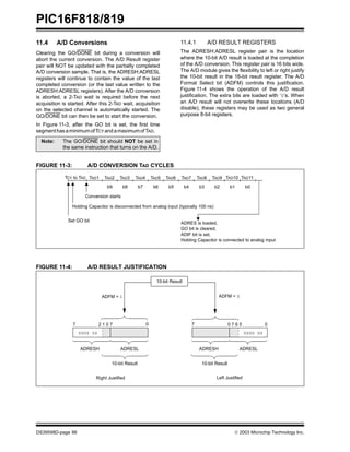 PIC16F818/819
DS39598D-page 86  2003 Microchip Technology Inc.
11.4 A/D Conversions
Clearing the GO/DONE bit during a conversion will
abort the current conversion. The A/D Result register
pair will NOT be updated with the partially completed
A/D conversion sample. That is, the ADRESH:ADRESL
registers will continue to contain the value of the last
completed conversion (or the last value written to the
ADRESH:ADRESL registers). After the A/D conversion
is aborted, a 2-TAD wait is required before the next
acquisition is started. After this 2-TAD wait, acquisition
on the selected channel is automatically started. The
GO/DONE bit can then be set to start the conversion.
In Figure 11-3, after the GO bit is set, the first time
segmenthasaminimumofTCY andamaximumofTAD.
11.4.1 A/D RESULT REGISTERS
The ADRESH:ADRESL register pair is the location
where the 10-bit A/D result is loaded at the completion
of the A/D conversion. This register pair is 16 bits wide.
The A/D module gives the flexibility to left or right justify
the 10-bit result in the 16-bit result register. The A/D
Format Select bit (ADFM) controls this justification.
Figure 11-4 shows the operation of the A/D result
justification. The extra bits are loaded with ‘0’s. When
an A/D result will not overwrite these locations (A/D
disable), these registers may be used as two general
purpose 8-bit registers.
FIGURE 11-3: A/D CONVERSION TAD CYCLES
FIGURE 11-4: A/D RESULT JUSTIFICATION
Note: The GO/DONE bit should NOT be set in
the same instruction that turns on the A/D.
TAD1 TAD2 TAD3 TAD4 TAD5 TAD6 TAD7 TAD8 TAD9
Set GO bit
Holding Capacitor is disconnected from analog input (typically 100 ns)
b9 b8 b7 b6 b5 b4 b3 b2
TAD10 TAD11
b1 b0
TCY to TAD
Conversion starts
ADRES is loaded,
GO bit is cleared,
ADIF bit is set,
Holding Capacitor is connected to analog input
10-bit Result
ADRESH ADRESL
0000 00
ADFM = 0
0
2 1 0 7
7
10-bit Result
ADRESH ADRESL
10-bit Result
0000 00
7 0 7 6 5 0
ADFM = 1
Right Justified Left Justified
 