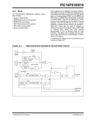  2004 Microchip Technology Inc. DS39598E-page 91
PIC16F818/819
12.2 Reset
The PIC16F818/819 differentiates between various
kinds of Reset:
• Power-on Reset (POR)
• MCLR Reset during normal operation
• MCLR Reset during Sleep
• WDT Reset during normal operation
• WDT wake-up during Sleep
• Brown-out Reset (BOR)
Some registers are not affected in any Reset condition.
Their status is unknown on POR and unchanged in any
other Reset. Most other registers are reset to a “Reset
state” on Power-on Reset (POR), on the MCLR and
WDT Reset, on MCLR Reset during Sleep and Brown-
out Reset (BOR). They are not affected by a WDT
wake-up which is viewed as the resumption of normal
operation. The TO and PD bits are set or cleared
differently in different Reset situations as indicated in
Table 12-3. These bits are used in software to
determine the nature of the Reset. Upon a POR, BOR
or wake-up from Sleep, the CPU requires
approximately 5-10 µs to become ready for code
execution. This delay runs in parallel with any other
timers. See Table 12-4 for a full description of Reset
states of all registers.
A simplified block diagram of the on-chip Reset circuit
is shown in Figure 12-1.
FIGURE 12-1: SIMPLIFIED BLOCK DIAGRAM OF ON-CHIP RESET CIRCUIT
S
R Q
External
Reset
MCLR
VDD
OSC1
WDT
Module
VDD Rise
Detect
OST/PWRT
INTRC
WDT
Time-out
Power-on Reset
OST
10-bit Ripple Counter
PWRT
Chip_Reset
10-bit Ripple Counter
Reset
Enable OST
Enable PWRT
Sleep
Brown-out
Reset
BOREN
31.25 kHz
 
