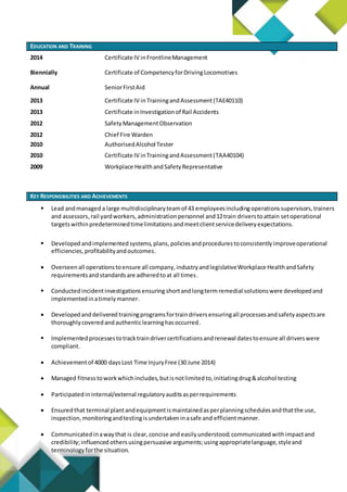 EDUCATION AND TRAINING
2014 Certificate IV inFrontlineManagement
Biennially Certificate of CompetencyforDrivingLocomotives
Annual SeniorFirstAid
2013 Certificate IV in TrainingandAssessment(TAE40110)
2013 Certificate inInvestigationof Rail Accidents
2012 SafetyManagementObservation
2012
2010
Chief Fire Warden
AuthorisedAlcohol Tester
2010 Certificate IV inTrainingandAssessment(TAA40104)
2009 Workplace HealthandSafetyRepresentative
KEY RESPONSIBILITIES AND ACHIEVEMENTS
 Lead andmanaged a large multidisciplinaryteamof 43 employeesincluding operationssupervisors,trainers
and assessors,rail yardworkers, administrationpersonnel and12train driverstoattain setoperational
targetswithinpredeterminedtimelimitations andmeetclientservicedeliveryexpectations.
 Developed andimplemented systems,plans, policiesandprocedurestoconsistentlyimproveoperational
efficiencies, profitabilityandoutcomes.
 Overseen all operationstoensure all company,industryandlegislativeWorkplace HealthandSafety
requirementsandstandardsare adheredtoat all times.
 Conductedincidentinvestigationsensuring shortandlongterm remedial solutionswere developedand
implementedinatimelymanner.
 Developedanddelivered trainingprogramsfortraindriversensuringall processesandsafetyaspectsare
thoroughlycoveredandauthenticlearninghasoccurred.
 Implementedprocesses totracktraindrivercertificationsandrenewal datestoensure all driverswere
compliant.
 Achievementof 4000 daysLost Time InjuryFree (30 June 2014)
 Managed fitnesstoworkwhichincludes,butisnotlimitedto,initiatingdrug&alcohol testing
 Participated ininternal/external regulatoryauditsasperrequirements
 Ensuredthat terminal plantandequipmentismaintainedasperplanningschedulesandthatthe use,
inspection,monitoringandtestingisundertakeninasafe and efficientmanner.
 Communicated inawaythat is clear,concise and easilyunderstood;communicated withimpactand
credibility;influenced othersusingpersuasive arguments;usingappropriatelanguage,styleand
terminologyforthe situation.
 