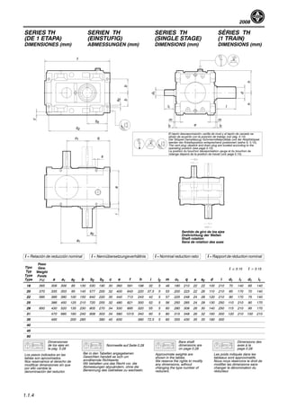 2008
1.1.4
SERIES TH
(DE 1 ETAPA)
DIMENSIONES (mm)
SERIEN TH
(EINSTUFIG)
ABMESSUNGEN (mm)
SERIES TH
(SINGLE STAGE)
DIMENSIONS (mm)
SÉRIES TH
(1 TRAIN)
DIMENSIONS (mm)
l1
b3
o1 q
Sentido de giro de los ejes
Drehrichtung der Wellen
Shaft rotation
Sens de rotation des axesa1
a2
s
ai
c
b2
f
b
s2
d1
d
mm
e
l
hh
i2i2
El tapón desvaporización--varilla de nivel y el tapón de vaciado se
sitúan de acuerdo con la posición de trabajo (ver pág. 0.10)
Der Stöpsel Dampfabzug--Schmiermittelprüfstab und der Ablaßstöpsel
werden der Arbeitsposition entsprechend positioniert (siehe S. 0.10).
The vent plug--dipstick and drain plug are located according to the
operating position (see page 0.10).
La position du bouchon dévaporisation--jauge et du bouchon de
vidange dépend de la position de travail (voir page 0.10).
b
i = Relación de reducción nominal i = Nennübersetzungsverhältnis i= Nominal reduction ratio i = Rapport de réduction nominal
Tipo
Typ
Peso
Gew.
Weight
i ≤ 3.15 i > 3.15
Typ
Type
Type
Weight
Poids
[Kg] a a1 a2 b b2 b3 c e f h i i2 m o1 q s s2 d l d1 l1 d1 l1
18 365 306 306 85 130 530 190 30 360 591 198 32 5 48 180 210 22 22 100 210 70 140 65 140
20 370 335 353 95 145 577 200 32 400 643 220 37.5 5 53 200 223 22 26 110 210 85 170 70 140
22 585 366 390 100 150 640 220 35 440 713 243 42 5 57 225 248 24 28 120 210 90 170 75 140
25 386 450 125 210 720 255 32 480 821 300 52 5 56 250 285 24 28 130 250 110 210 90 170
28 950 430 520 135 230 805 270 34 530 895 320 55 5 60 280 308 26 30 140 250 115 210 95 170
31 470 685 160 240 908 303 34 580 1015 340 60 5 80 315 348 26 32 160 300 120 210 100 210
35 495 200 285 380 45 630 390 72.5 5 60 355 430 35 35 180 300
40
45
50
Dimensiones
de los ejes en
la pág. 0.28
Los pesos indicados en las
tablas son aproximados.
Nos reservamos el derecho de
modificar dimensiones sin que
por ello cambie la
denominación del reductor.
Bei in den Tabellen angegebenen
Gewichten handelt es sich um
annähernde Richtwerte.
Wir behalten uns das Recht vor, die
Abmessungen abzuändern, ohne die
Benennung des Getriebes zu wechseln.
Normwelle auf Seite 0.28
Bare shaft
dimensions are
on page 0.28
Approximate weights are
shown in the tables.
We reserve the rights to modify
any dimensions, without
changing the type number of
reducers.
Dimensions des
axes à la
page 0.28
Les poids indiqués dans les
tableaux sont approximatifs.
Nous nous réservons le droit de
modifier les dimensions sans
changer la dénomination du
réducteur.
 