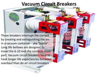 Vacuum Circuit Breakers
These breakers interrupt the current
by creating and extinguishing the arc
in a vacuum container - aka "bottle".
Long life bellows are designed to
travel the 6-10 mm the contacts must
part. Vacuum circuit breakers tend to
have longer life expectancies between
overhaul than do air circuit breakers
 