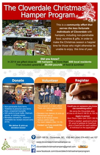 www.cloverdalechristmashamper.ca
cloverdalechristmashampers@gmail.com
www.facebook.com/cloverdalechristmashamperprogram
DonateDonate VolunteerVolunteer RegisterRegister
 Non-perishable food items
 Toiletries & personal care items
 New, unopened toys/gifts
 Gift cards to local malls, Walmart,
sports, or clothing stores
 Monetary donations: receive a
charitable tax receipt (issued early
2016)
We deliver & pick-up
donation boxes!
The program is a team effort!
There are many opportunities
to help:
 Donation box delivery & pick-up
 Warehouse set-up
 Pack & fill hamper boxes
 Various admin tasks
 Toy room helpers (Dec 14-19)
Contact us if you would like
to help
5337-180 St., Cloverdale, BC, V3S 4K5 (604) 574-4001 ext.107
Could you or someone you know
use something extra?
We serve the Cloverdale area:
80 Ave to 40 Ave & 196 St. to 164 St.
Apply in person
Mon-Thurs 10am-1pm; 5337-180 St.
What is needed: applicant’s photo
ID, proof of address & CareCard,
plus a CareCard for each addition
al individual on the application.
This is a community effort that
serves the less fortunate
individuals of Cloverdale with
hampers, including non-perishable
food, sundries & gifts, in order to
make the Christmas season a happier
time for those who might otherwise be
unable to enjoy this time of year.
Did you know?Did you know?
In 2014 we gifted close to 300 hampers for more than 600 local residents.
That included upwards of 50,000 pounds of food & sundries!
Hamper ProgramHamper Program
The Cloverdale ChristmasThe Cloverdale Christmas
 