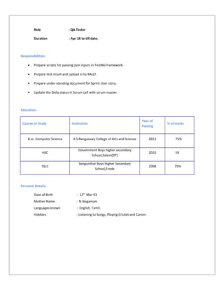 Role : QA Tester
Duration : Apr 16 to till date.
Responsibilities:
 Prepare scripts for passing json inputs in TestNG framework.
 Prepare test result and upload in to RALLY.
 Prepare under standing document for Sprint User story.
 Update the Daily status in Scrum call with scrum master.
Education:
Course of Study Institution
Year of
Passing
% of marks
B.sc. Computer Science K.S.Rangasawy College of Arts and Science 2013 75%
HSC
Government Boys higher secondary
School,Salem(DT)
2010 59
SSLC
Sengunthar Boys Higher Secondary
School,Erode
2008 75%
Personal Details:
Date of Birth : 12th
Mar 93
Mother Name : N.Nagamani
Languages known : English, Tamil.
Hobbies : Listening to Songs, Playing Cricket and Carom
 