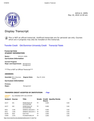 5/19/2016 Academic Transcript
https://www.leoonline.odu.edu/plsql/web/bwskotrn.P_ViewTran 1/5
Display Transcript
  KAYLA K. KEEN
May 19, 2016 12:05 am
This is NOT an official transcript. Unofficial transcripts are for personal use only. Courses
which are in progress may also be included on this transcript.
Transfer Credit    Old Dominion University Credit    Transcript Totals
Transcript Data
STUDENT INFORMATION
Name : KAYLA K. KEEN
Curriculum Information
Current Program
Major and Department: Management,
Management
 
***This is NOT an Official Transcript***
 
AWARDED:
Awarded: BS in Business
Admin.
Degree Date: May 07, 2016
Curriculum Information
Primary
Major: Management
 
 
TRANSFER CREDIT ACCEPTED BY INSTITUTION      ­Top­
SWFA07­
SU14:
ALL VIRGINIA CMTY COL SYSTEM
Subject Course Title Grade Credit
Hours
Quality Points R
ACCT 201 PRINCIPLES OF
ACCOUNTING
TP 4.000 0.00  
ACCT 202 PRINCIPLES OF
ACCOUNTING
TP 4.000 0.00  
BIOL 115N GENERAL BIOLOGY I TP 4.000 0.00  
BIOL 116N GENERAL BIOLOGY 2 TP 4.000 0.00  
BUSN 2ELE ELECTIVE TP 3.000 0.00  
CHEM 121N FOUNDATIONS OF TP 3.000 0.00  
 