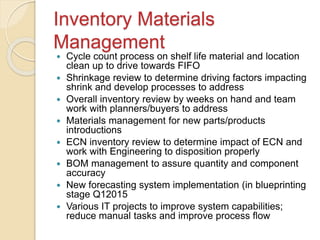 Inventory Materials
Management
 Cycle count process on shelf life material and location
clean up to drive towards FIFO
 Shrinkage review to determine driving factors impacting
shrink and develop processes to address
 Overall inventory review by weeks on hand and team
work with planners/buyers to address
 Materials management for new parts/products
introductions
 ECN inventory review to determine impact of ECN and
work with Engineering to disposition properly
 BOM management to assure quantity and component
accuracy
 New forecasting system implementation (in blueprinting
stage Q12015
 Various IT projects to improve system capabilities;
reduce manual tasks and improve process flow
 