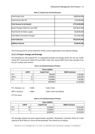 Development Management And Finance | 12
MASTER OF CITY PLANNING (2012-14), DEPT. OF ARCHITECTURE & REGIONAL PLANNING, IIT KHARAGPUR
Table 17: Project Cost and Cost Recovery.
Total Project Cost 26000,00,000
Total Interest @ 6.7% 1742,00,000
Total Amount to be Repaid 277,42,00,000
Water Charges Collection unto 2035 250,28,61,086
Total Grants for Water supply 34,00,00,000
Total Water Connection Charges 16,73,42,500
Total Collection 301,02,03,586
Addition Amount 23,60,03,586
The remaining 23.6 Cr can be utilized for further service augmentation and capacity building.
11.5.1.2 Project: Sewage and Drainage
The following are the proposals for an integrated drainage and sewage system for the city. Public
Toilets (PT), Community Toilets (CT) and Public Toilet near market (MPT) have been decided to be
set up in a phase wise scheme.
Table 11.18: Detailed breakup of Project.
Phase 1(2021)
UNITS Capital Cost O&M Cost/year
PT's 7 805000 5,04,000
MPT's 12 2760000 8,64,000
CT's 11 2530000 7,92,000
6095000 21,60,000
PT's: Distance > or = 500m Public Toilet
MPT's: Distance = 300m Public Toilet near Market
CT's:For slums
Table 11.19: Detailed breakup of Project.
Phase 2(2031)
UNITS Capital Cost O&M Cost/year
PT's 48 5520000 34,56,000
CT's 12 2760000 8,64,000
8280000 43,20,000
The drainage network has been approximately calculated. Wastewater Treatment Plants of a total
capacity of 50.07 MLD at 5 Zones will be developed. Their details are as follows.
 