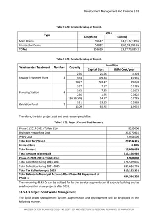 Development Management And Finance | 13
MASTER OF CITY PLANNING (2012-14), DEPT. OF ARCHITECTURE & REGIONAL PLANNING, IIT KHARAGPUR
Table 11.20: Detailed breakup of Project.
Type
2031
Length(m) Cost(Rs)
Main Drains 99617 14,61,77,119.6
Interceptor Drains 59012 8,65,93,695.65
TOTAL 158629 23,27,70,815.2
Table 11.21: Detailed breakup of Project.
Wastewater Treatment Number Capacity
in million
Capital Cost O&M Cost/year
Sewage Treatment Plant 3
2.36 25.96 3.304
9.94 109.34 13.916
20.77 228.47 29.078
Pumping Station 4
3.67 2.57 0.1285
10.5 7.35 0.3675
2.36 1.65 0.0825
116.58(SW) 14.57 0.7285
Oxidation Pond 2
3.91 19.55 0.5865
13.09 65.45 1.9635
Therefore, the total project cost and cost recovery would be:
Table 11.22: Project Cost and Cost Recovery.
Phase-1 (2014-2021)-Toilets Cost 8255000
Drainage Networking Cost 232770815
WTPs Cost 52506500
Total Cost for Phase-1 293532315
Interest Rate 6.70%
Total Interest 19,666,665
Total Amount to be repaid 313,198,980
Phase-2 (2021-2031)- Toilets Cost 12600000
Total Collection During 2014-2021 176,579,036
Total Collection During 2021-2035 633,614,265
Total Tax Collection upto 2035 810,193,301
Total Balance in Municipal Account After Phase-2 & Repayment of
Phase-1 484,394,320
The remaining 48.43 Cr can be utilized for further service augmentation & capacity building and as
seed money for future projects after 2035.
11.5.1.3 Project: Solid Waste Management
The Solid Waste Management System augmentation and development will be developed in the
following manner.
 