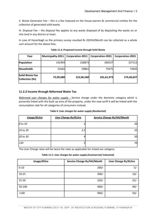 Development Management And Finance | 5
MASTER OF CITY PLANNING (2012-14), DEPT. OF ARCHITECTURE & REGIONAL PLANNING, IIT KHARAGPUR
II. Waste Generator Fee − this is a fee imposed on the house-owners & commercial entities for the
collection of generated solid waste.
III. Disposal Fee − the disposal fee applies to any waste disposed of by depositing the waste on or
into land in any district or town.
In case of Hazaribagh as the primary survey resulted Rs 20/HH/Month can be collected as a whole
sum amount for the above fees.
Table 11.3: Proposed Income through Solid Waste
Year Municipality-2011 Corporation-2011 Corporation-2021 Corporation-2031
Population 142494 228873 340537 327113
Households 31665 50861 75675 72692
Solid Waste Fee
Collection (Rs)
75,99,680 122,06,560 181,61,973 174,46,027
11.2.2 Income through Reformed Water Tax
Reformed user charges for water supply - Service charge under the domestic category which is
presently linked with the built up area of the property, under the new tariff it will be linked with the
consumption slab for all categories of consumers instead.
Table 4: User charges for water supply (Residential)
Usage/KLitre User Charge Rs/KLitre Service Charge Rs/HH/Month
0 to 10 3 20
10 to 20 3.5 35
20 to 30 4 50
>30 5 70
The User Charge rates will be twice the rates as applicable for mixed use category.
Table 11.5: User charges for water supply (Commercial/ Industrial)
Usage/Klitre Service Charge Rs/HH/Month User Charge Rs/KLitre
0-10 200/- 5/-
10-25 300/- 10/-
25-50 350/- 25/-
50-100 400/- 40/-
>100 900/- 50/-
 