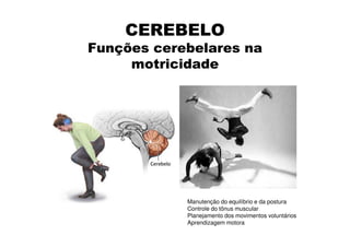 CEREBELO
Funções cerebelares na
motricidade
Manutenção do equilíbrio e da postura
Controle do tônus muscular
Planejamento dos movimentos voluntários
Aprendizagem motora
 