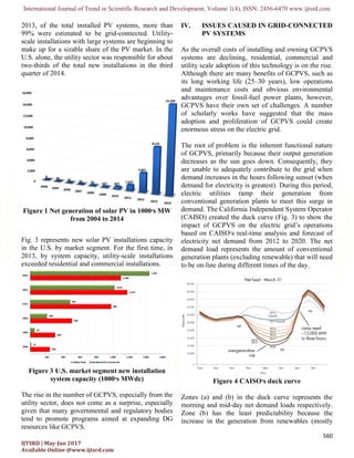 International Journal of Trend in Scientific Research and Development, Volume 1(4), ISSN: 2456-6470 www.ijtsrd.com
560
IJTSRD | May-Jun 2017
Available Online @www.ijtsrd.com
2013, of the total installed PV systems, more than
99% were estimated to be grid-connected. Utility-
scale installations with large systems are beginning to
make up for a sizable share of the PV market. In the
U.S. alone, the utility sector was responsible for about
two-thirds of the total new installations in the third
quarter of 2014.
Figure 1 Net generation of solar PV in 1000‫׳‬s MW
from 2004 to 2014
Fig. 3 represents new solar PV installations capacity
in the U.S. by market segment. For the first time, in
2013, by system capacity, utility-scale installations
exceeded residential and commercial installations.
Figure 3 U.S. market segment new installation
system capacity (1000‫׳‬s MWdc)
The rise in the number of GCPVS, especially from the
utility sector, does not come as a surprise, especially
given that many governmental and regulatory bodies
tend to promote programs aimed at expanding DG
resources like GCPVS.
IV. ISSUES CAUSED IN GRID-CONNECTED
PV SYSTEMS
As the overall costs of installing and owning GCPVS
systems are declining, residential, commercial and
utility scale adoption of this technology is on the rise.
Although there are many benefits of GCPVS, such as
its long working life (25–30 years), low operations
and maintenance costs and obvious environmental
advantages over fossil-fuel power plants, however,
GCPVS have their own set of challenges. A number
of scholarly works have suggested that the mass
adoption and proliferation of GCPVS could create
enormous stress on the electric grid.
The root of problem is the inherent functional nature
of GCPVS, primarily because their output generation
decreases as the sun goes down. Consequently, they
are unable to adequately contribute to the grid when
demand increases in the hours following sunset (when
demand for electricity is greatest). During this period,
electric utilities ramp their generation from
conventional generation plants to meet this surge in
demand. The California Independent System Operator
(CAISO) created the duck curve (Fig. 3) to show the
impact of GCPVS on the electric grid’s operations
based on CAISO‫׳‬s real-time analysis and forecast of
electricity net demand from 2012 to 2020. The net
demand load represents the amount of conventional
generation plants (excluding renewable) that will need
to be on-line during different times of the day.
Figure 4 CAISO‫׳‬s duck curve
Zones (a) and (b) in the duck curve represents the
morning and mid-day net demand loads respectively.
Zone (b) has the least predictability because the
increase in the generation from renewables (mostly
 